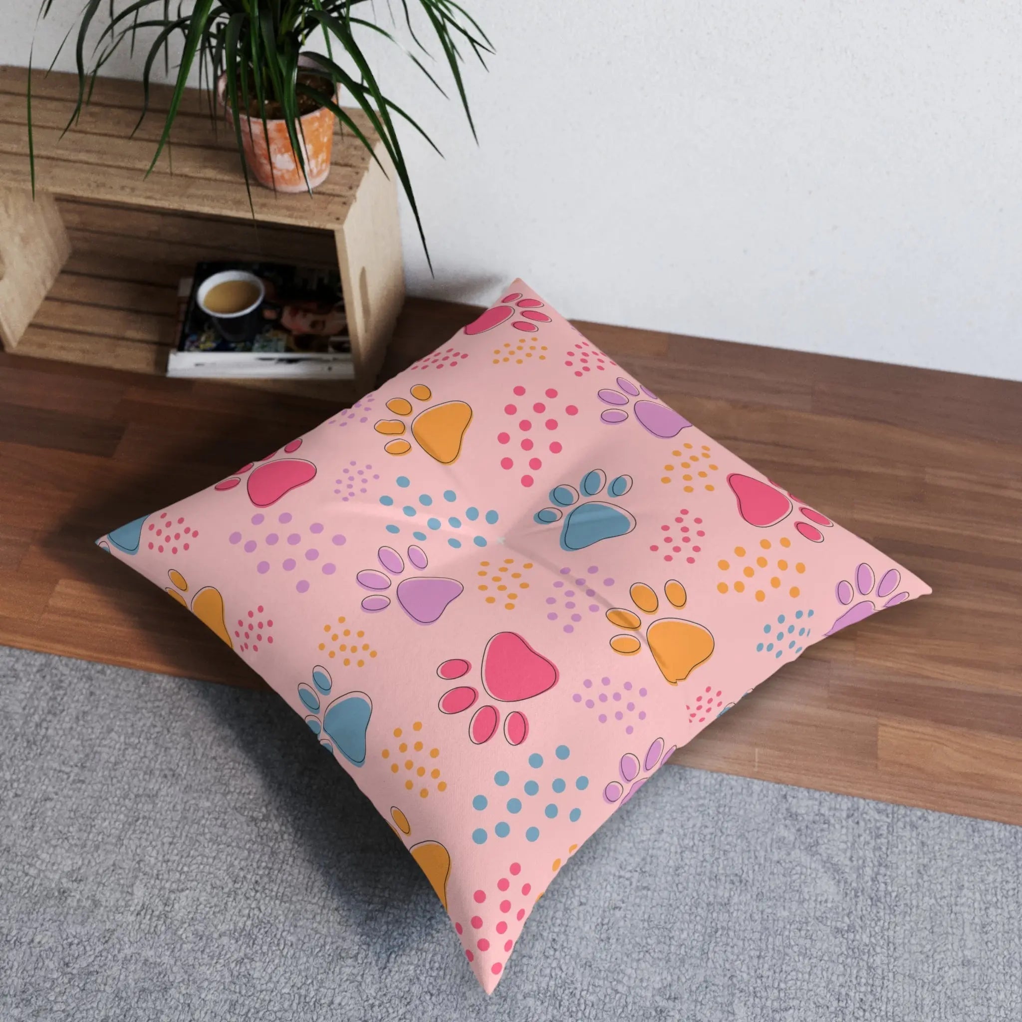 Colorful Pet Paw Print Tufted Floor Pillow