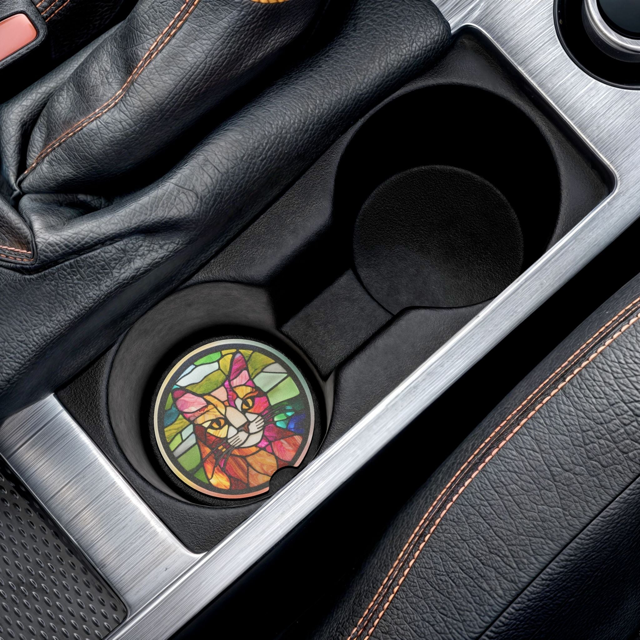 Colorful Stained Glass Cat Soapstone Car Coaster