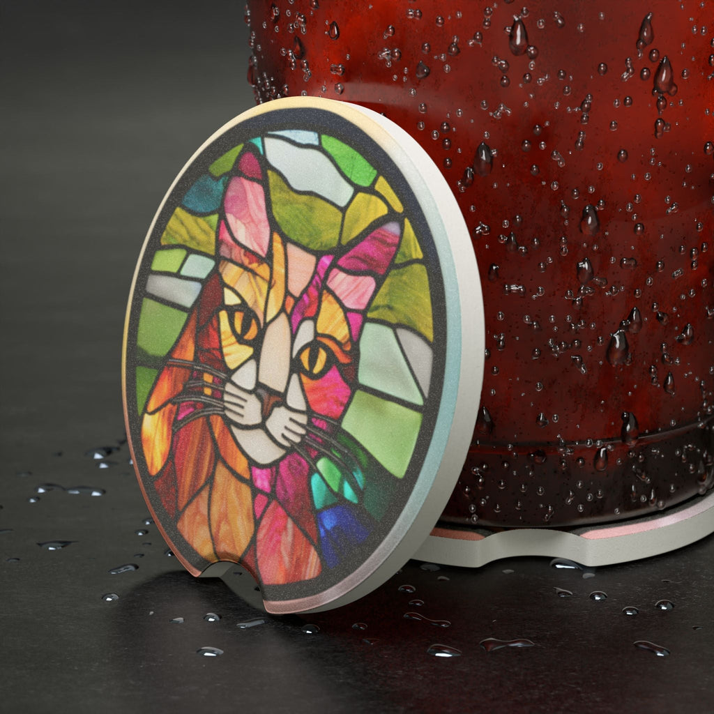 Colorful Stained Glass Cat Soapstone Car Coaster