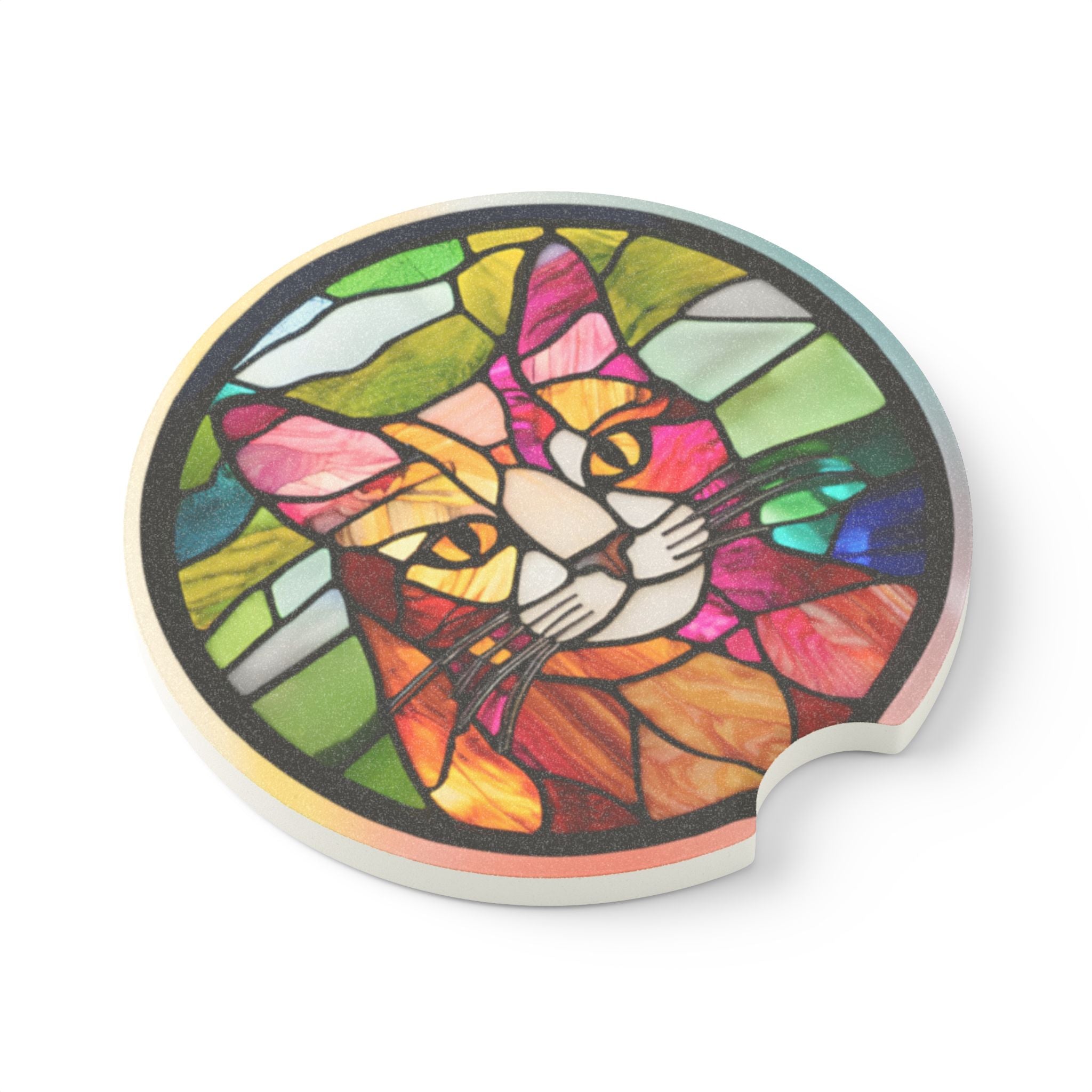 Colorful Stained Glass Cat Soapstone Car Coaster