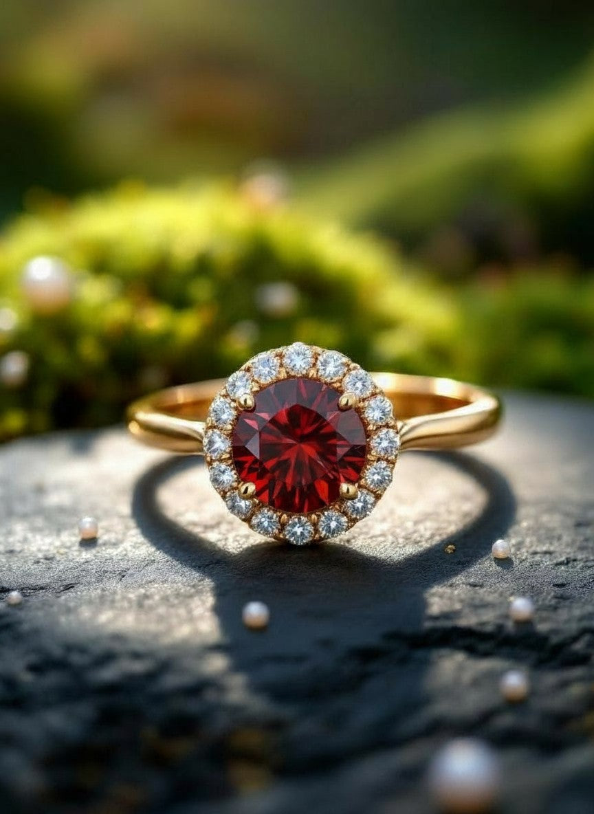 "Circle of Life" Round Portuguese Cut Cremation Ring with Halo 7mm