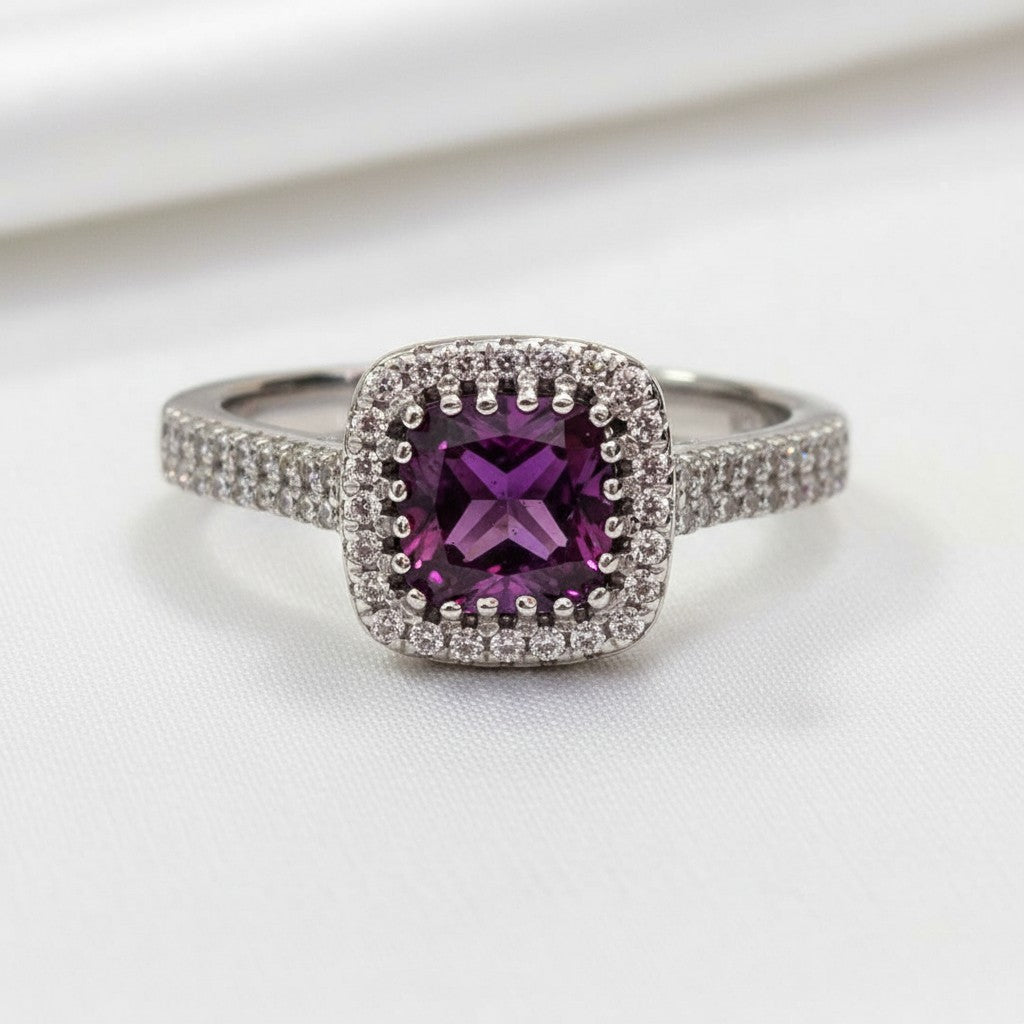 "Comforting Light" Cushion Cut w/ Cubic Zirconia Halo Cremation Ring  6.4x6.4mm