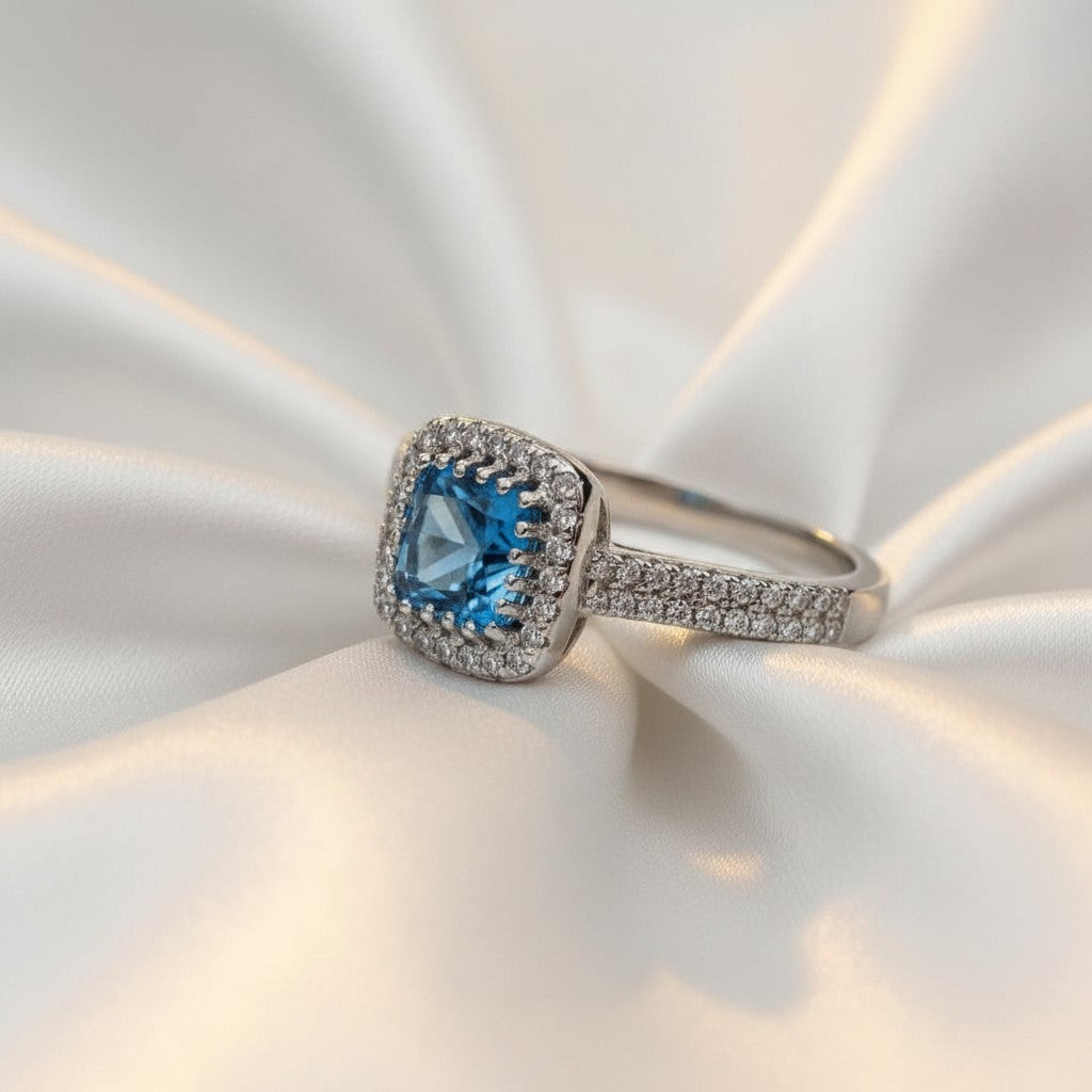 "Comforting Light" Cushion Cut w/ Cubic Zirconia Halo Cremation Ring  6.4x6.4mm