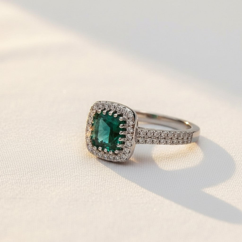 "Comforting Light" Cushion Cut w/ Cubic Zirconia Halo Cremation Ring  6.4x6.4mm