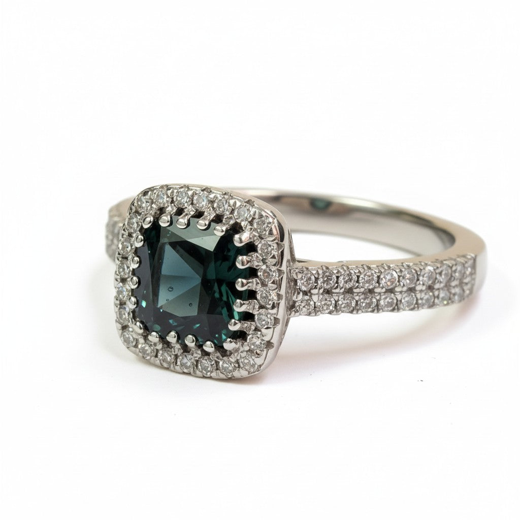 "Comforting Light" Cushion Cut w/ Cubic Zirconia Halo Cremation Ring  6.4x6.4mm