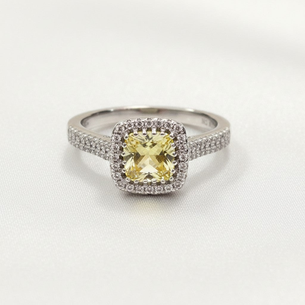 "Comforting Light" Cushion Cut w/ Cubic Zirconia Halo Cremation Ring  6.4x6.4mm
