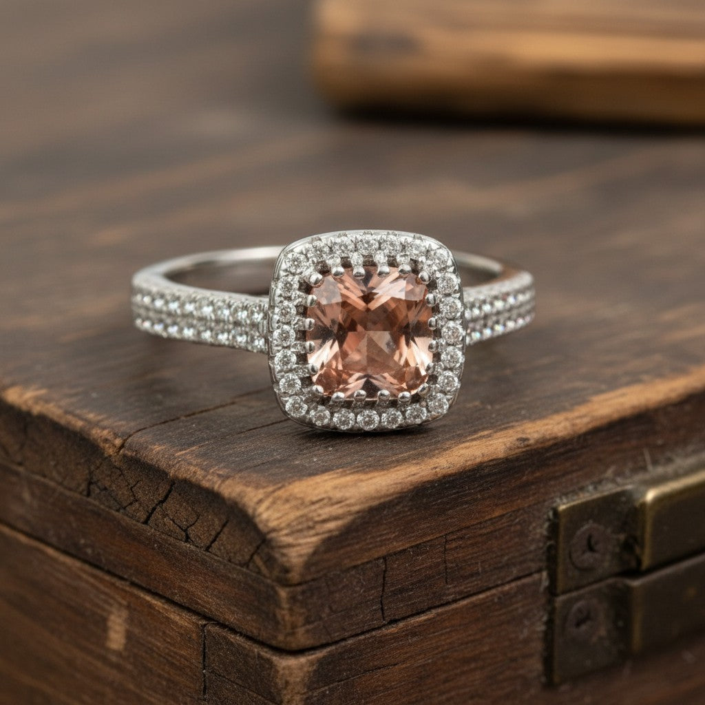 "Comforting Light" Cushion Cut w/ Cubic Zirconia Halo Cremation Ring  6.4x6.4mm