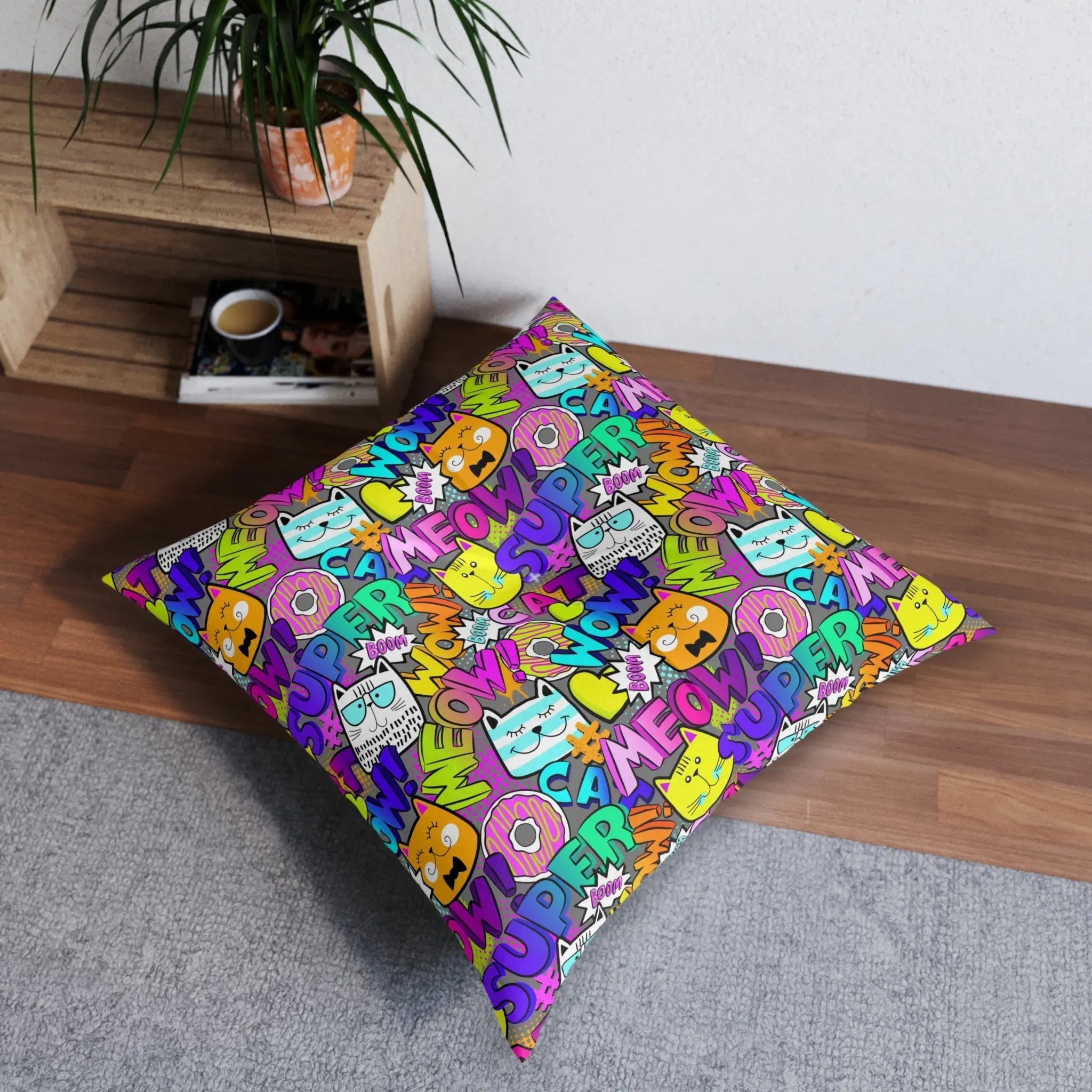 Comical Cat-Themed Tufted Floor Pillow - Perfect for Pet Lovers!