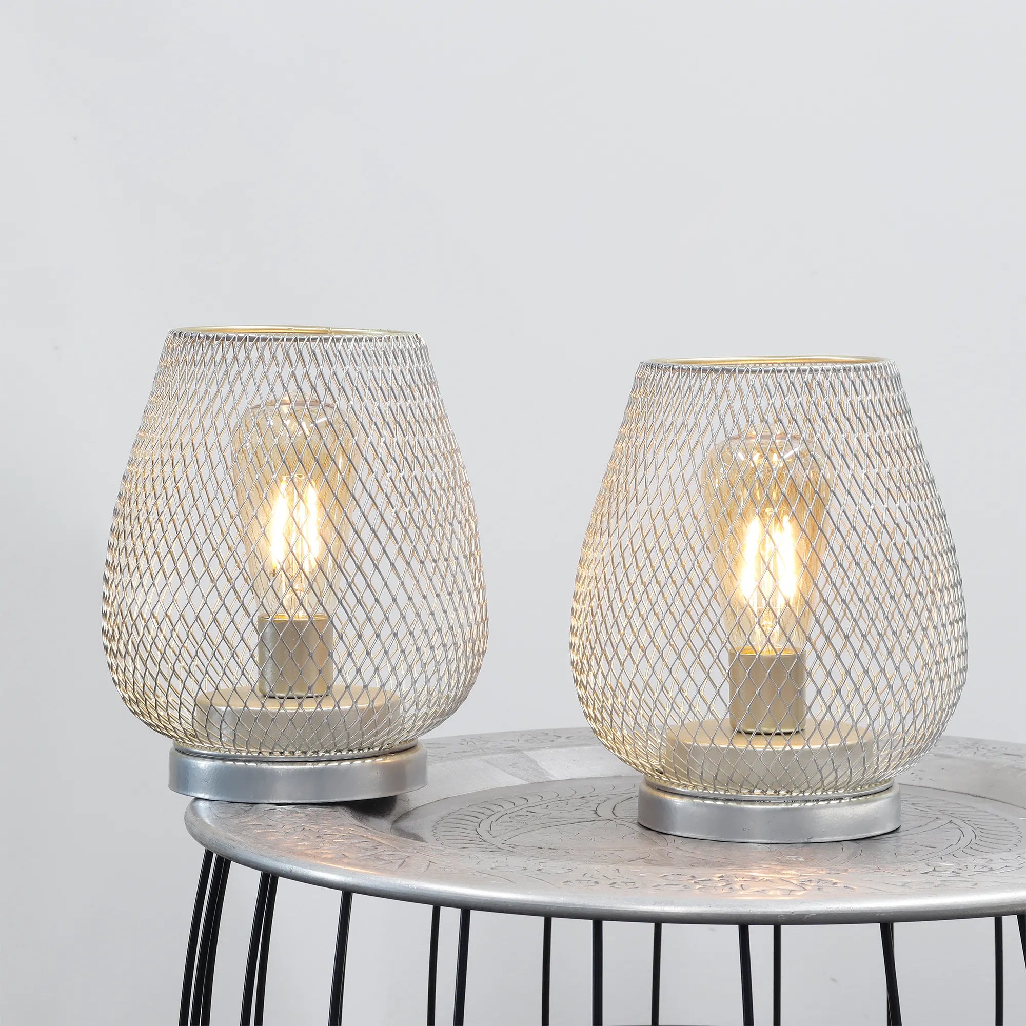 Set of 2-6.7"H Metal Cage LED Lantern（Silver）