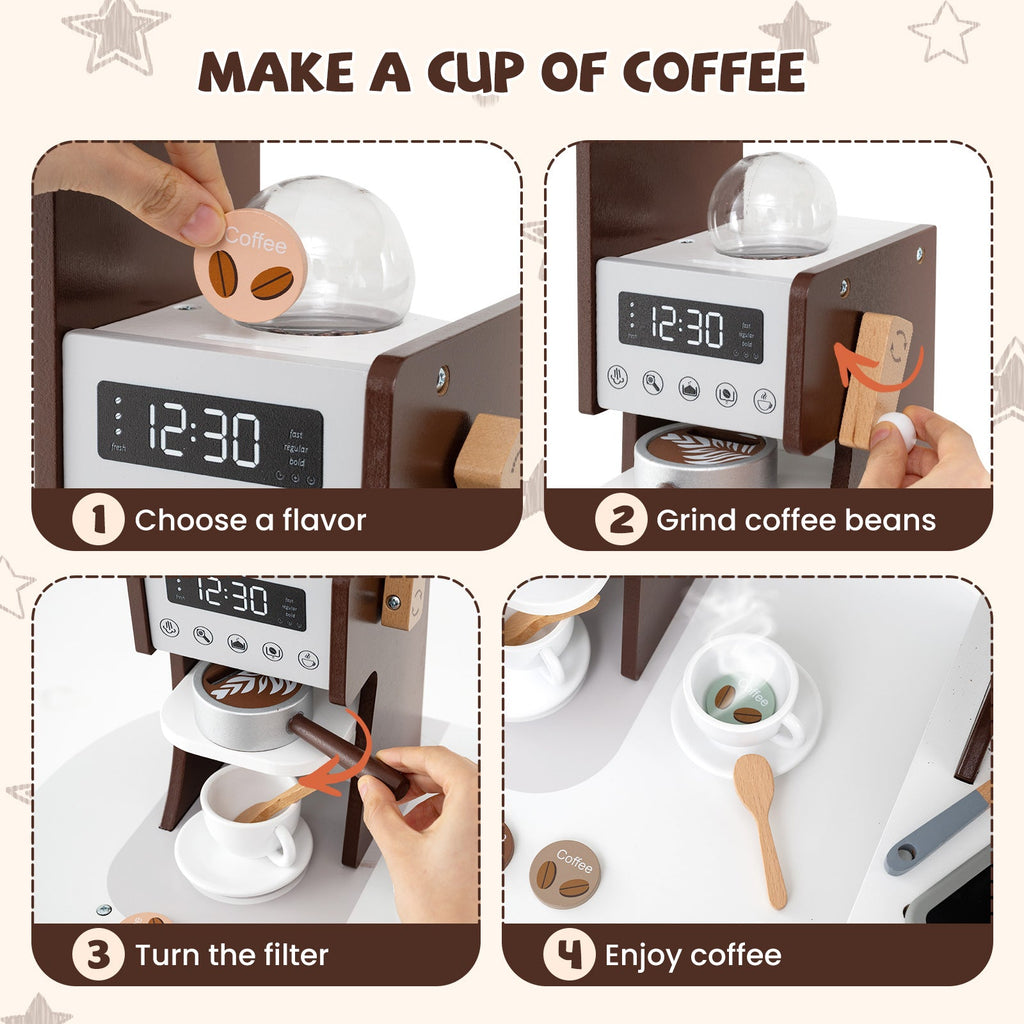 Corner Wooden Play Kitchen with Coffee Machine and Slide for Kids-Brown
