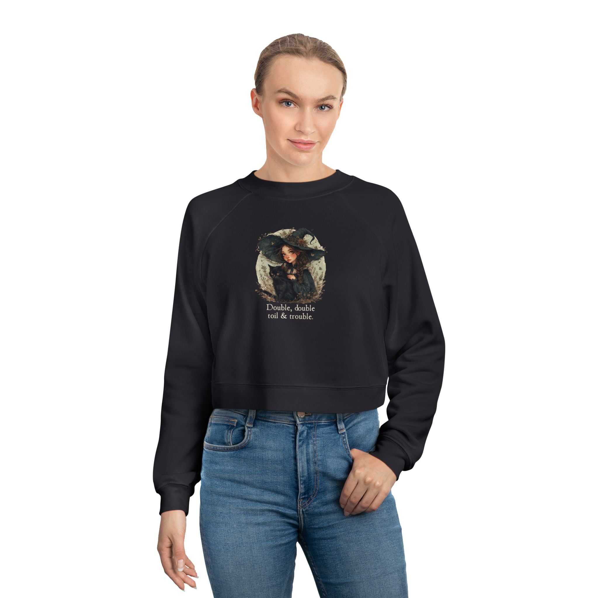 Cute Witchy Cat Lady Cropped Sweatshirt for Women - Halloween Pullover