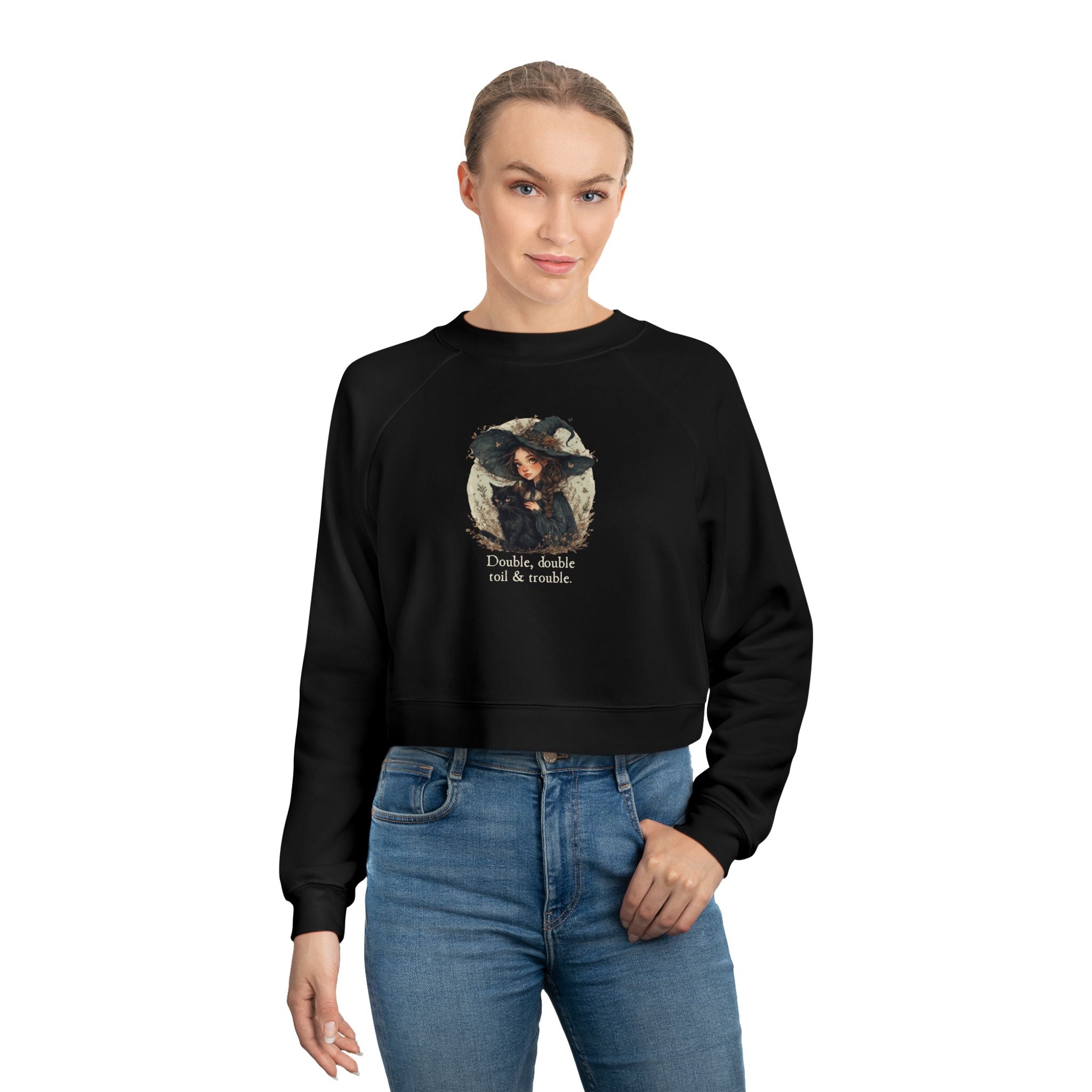 Cute Witchy Cat Lady Cropped Sweatshirt for Women - Halloween Pullover