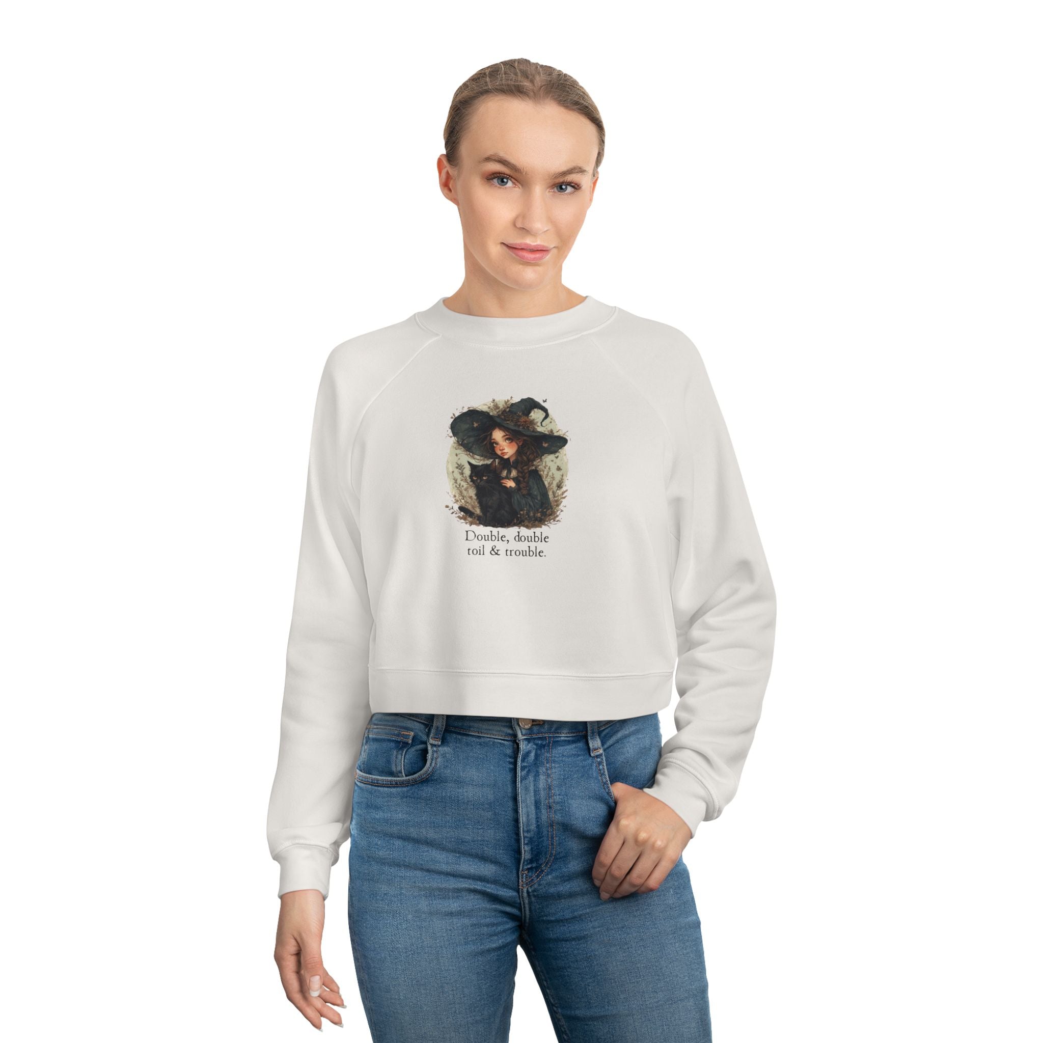 Cute Witchy Cat Lady Cropped Sweatshirt for Women - Halloween Pullover
