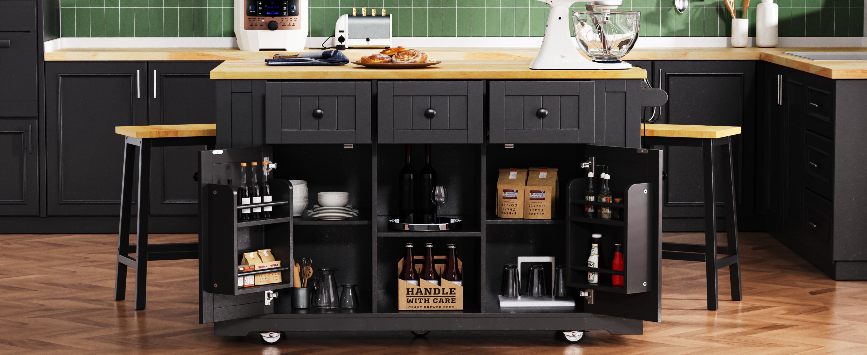 K&K 53inch Large Kitchen Island with 2 Bar Stools, Power Outlet,Door Internal Storage Rack, Kitchen Storage Cart on 5 Wheels with Drop Leaf, 5 Open Side Racks, 3 Drawers, for Kitchen,Dining Room,Black