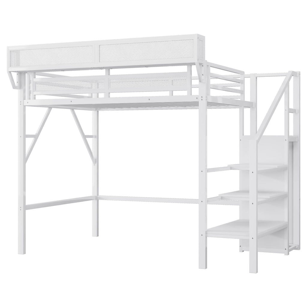 Twin XL Size Loft Bed with Stairs, Metal Full Loft Bed with Storage Shelves, High Loft Bed with Wardrobe for Kids Teens,White(Expect Arrival Date 2025/10/14)