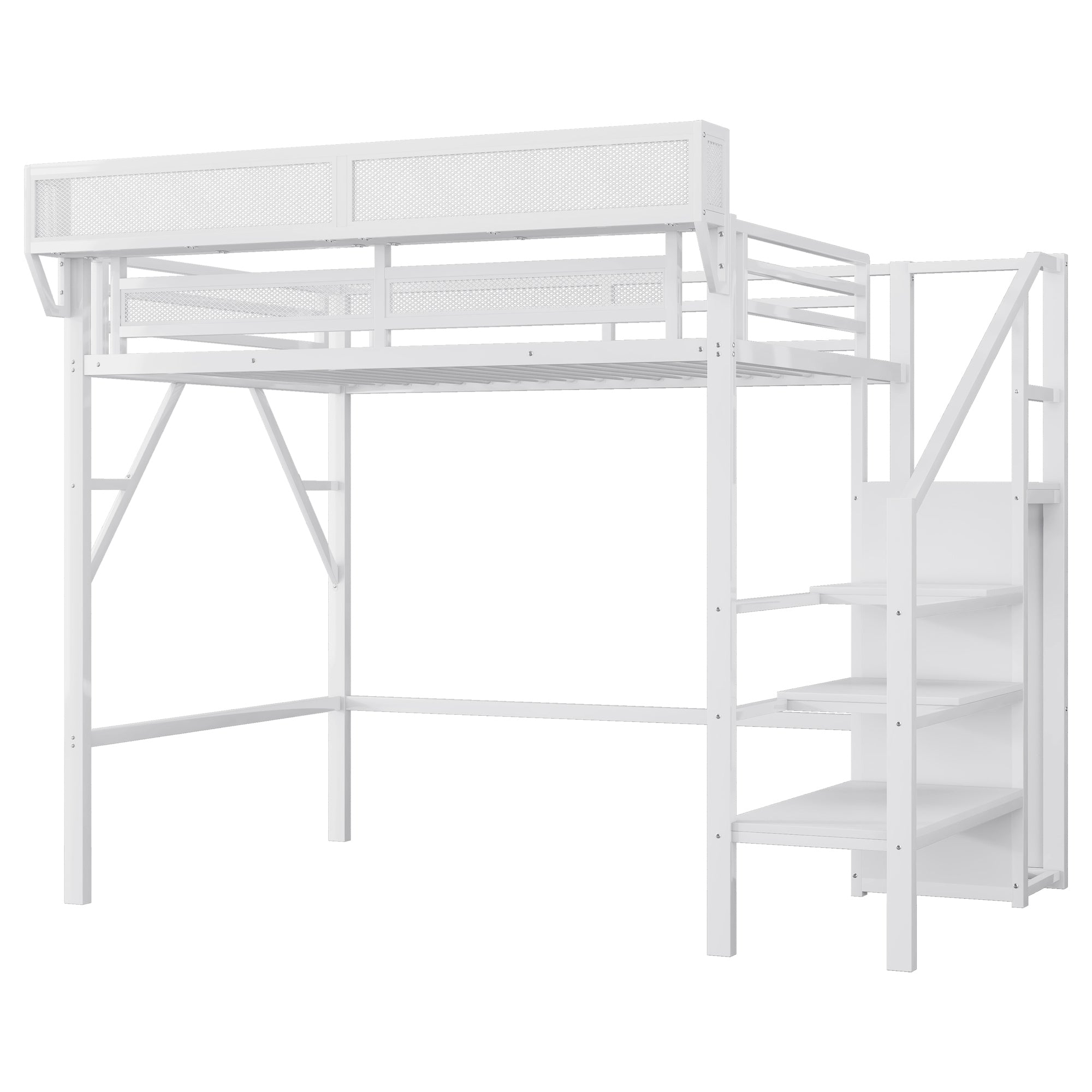 Twin XL Size Loft Bed with Stairs, Metal Full Loft Bed with Storage Shelves, High Loft Bed with Wardrobe for Kids Teens,White(Expect Arrival Date 2025/10/14)