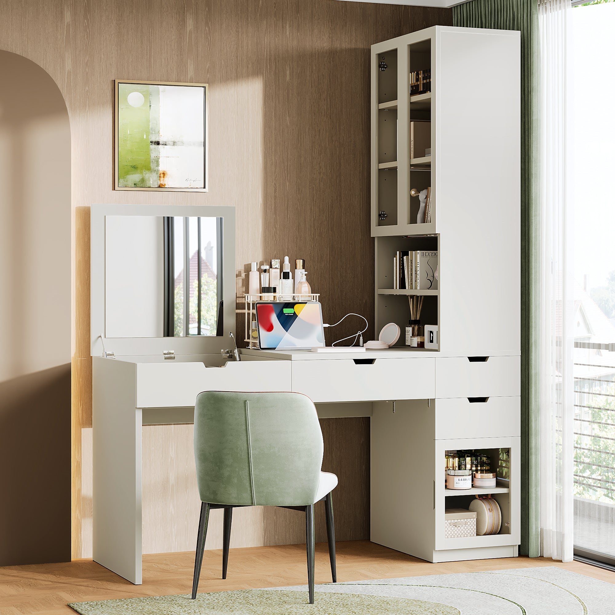 Versatile Makeup Vanity Desk with Mirror and Charging Station, Dressing Table with 8 Hidden Storage Compartments, Computer Desk with 3 Drawers, 2 Cabinets and Open Shelves,Home Office Desk, White