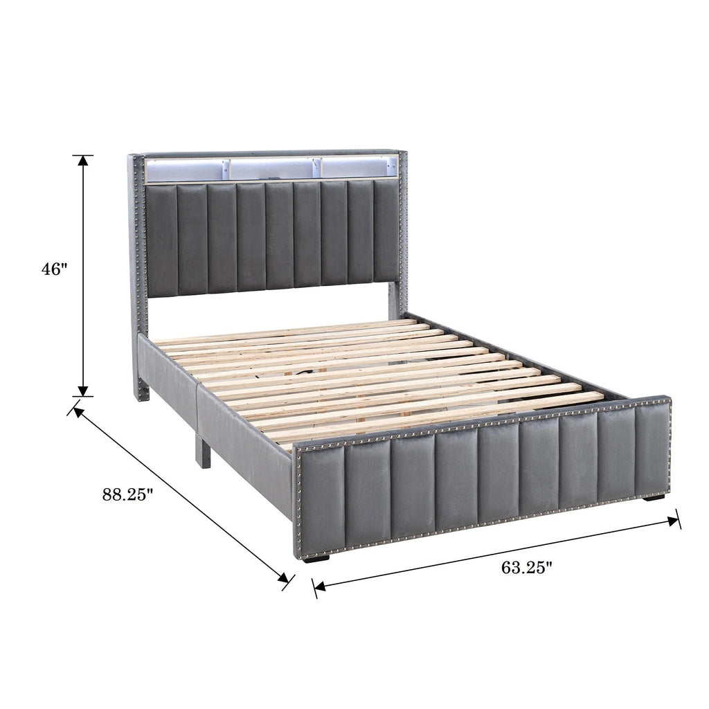 Contemporary 3pc Bedroom Set Queen Size Bed 2x Nightstands Bedroom Furniture Dark Gray Fabric Upholstered Bedframe w LED Nailhead Trim