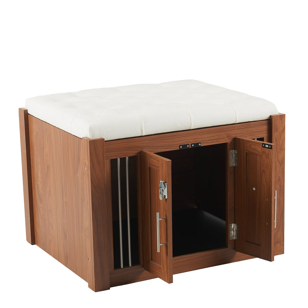 30.25'L, 2 in 1 Dog Crate with Padded Seat, Sliding Barn Door, Luxury Wooden Dog Kennel, End of Bed Bench Ottoman with Removable Cushion for Bedroom, Living Room, Walnut