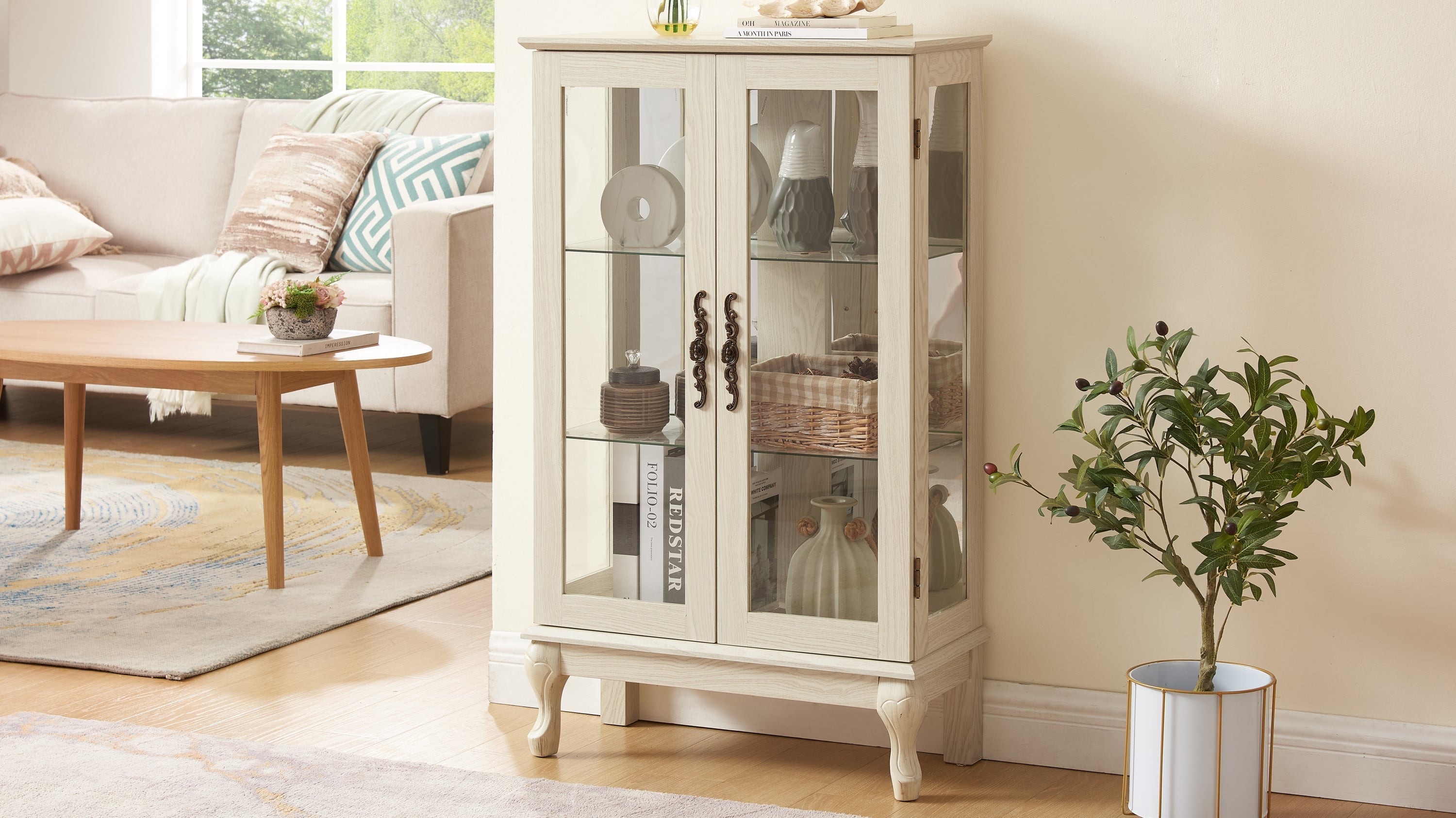 2 Doors Curio Cabinet with Tempered Glass Doors, Curio Cabinets with Mirrored Back Panel and Adjustable Shelves, Lighted Display Cabinet for Home, Office Light Bulb Included White