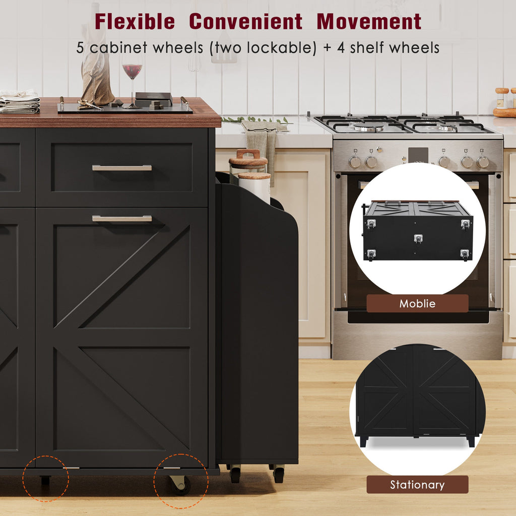 K&K 47.2' Farmhouse Kitchen Island with Drop Leaf, Kitchen Storage Island with Removable Side Racks, Two Drawers, Rolling Kitchen Cart on Wheels with Towel Rack, for Home, Kitchen, Dining Room, Black