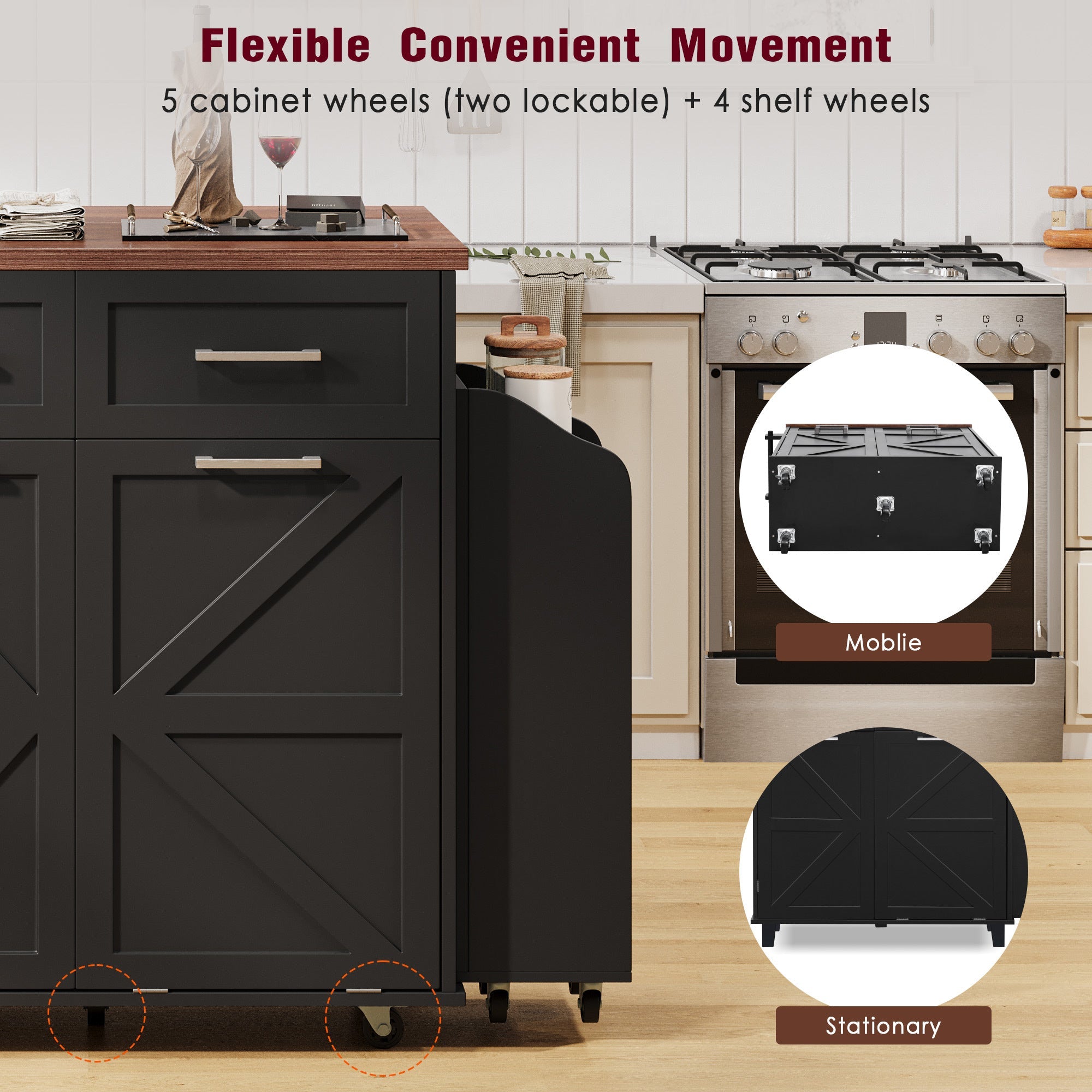 K&K 47.2' Farmhouse Kitchen Island with Drop Leaf, Kitchen Storage Island with Removable Side Racks, Two Drawers, Rolling Kitchen Cart on Wheels with Towel Rack, for Home, Kitchen, Dining Room, Black