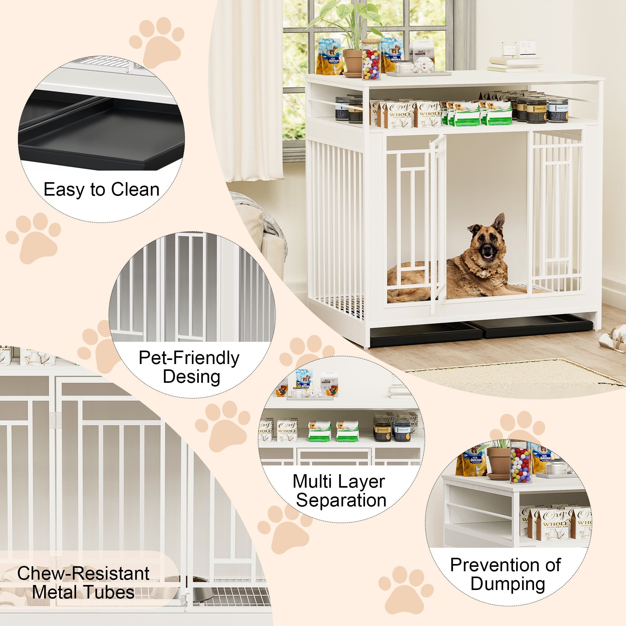 43.3 Inch Wooden Dog Crate Furniture with Divider and Storage, White