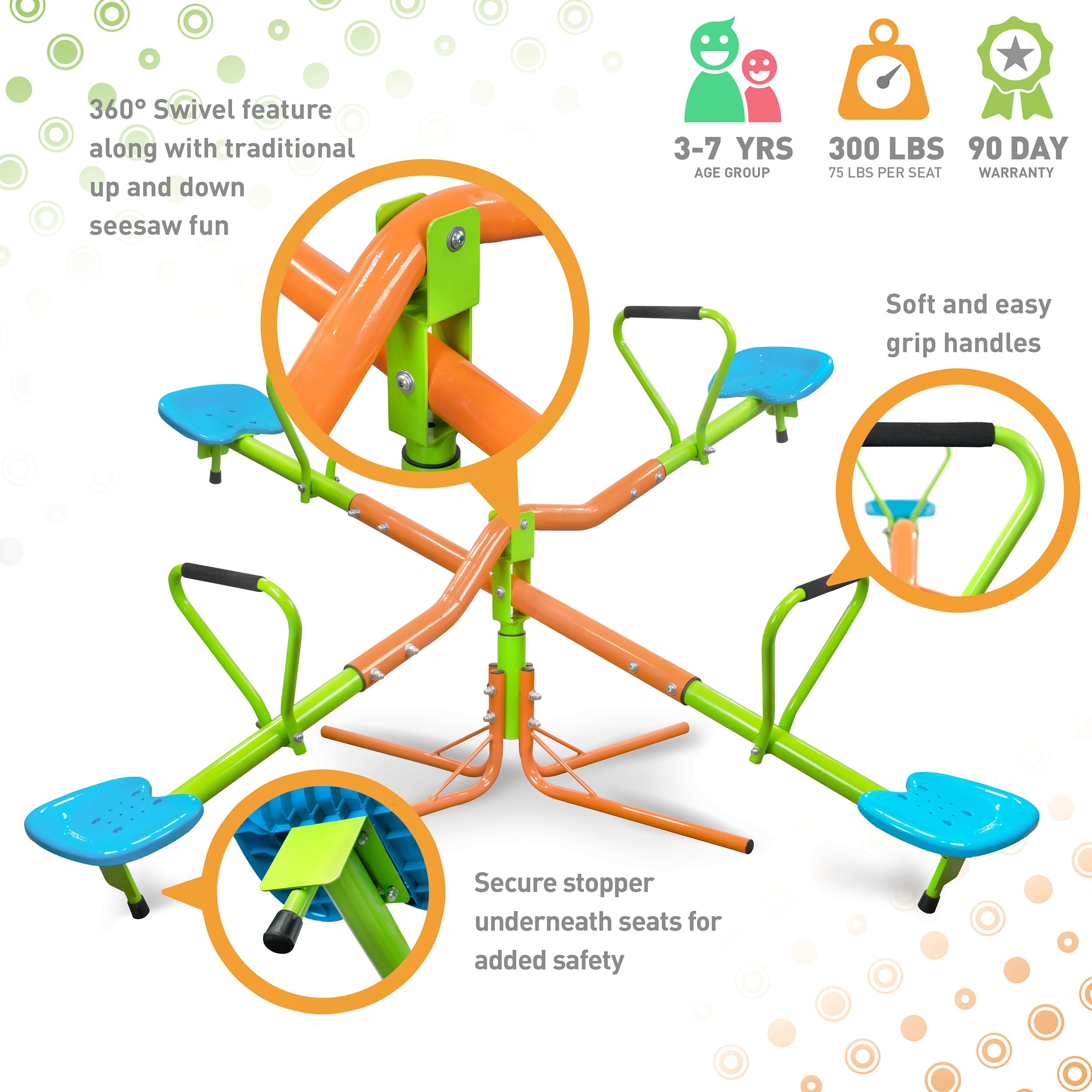 XSS004 Outdoor Playground Seesaw with 360-Degree Rotation for Kids, Sturdy Plastic Seats in Blue and Green