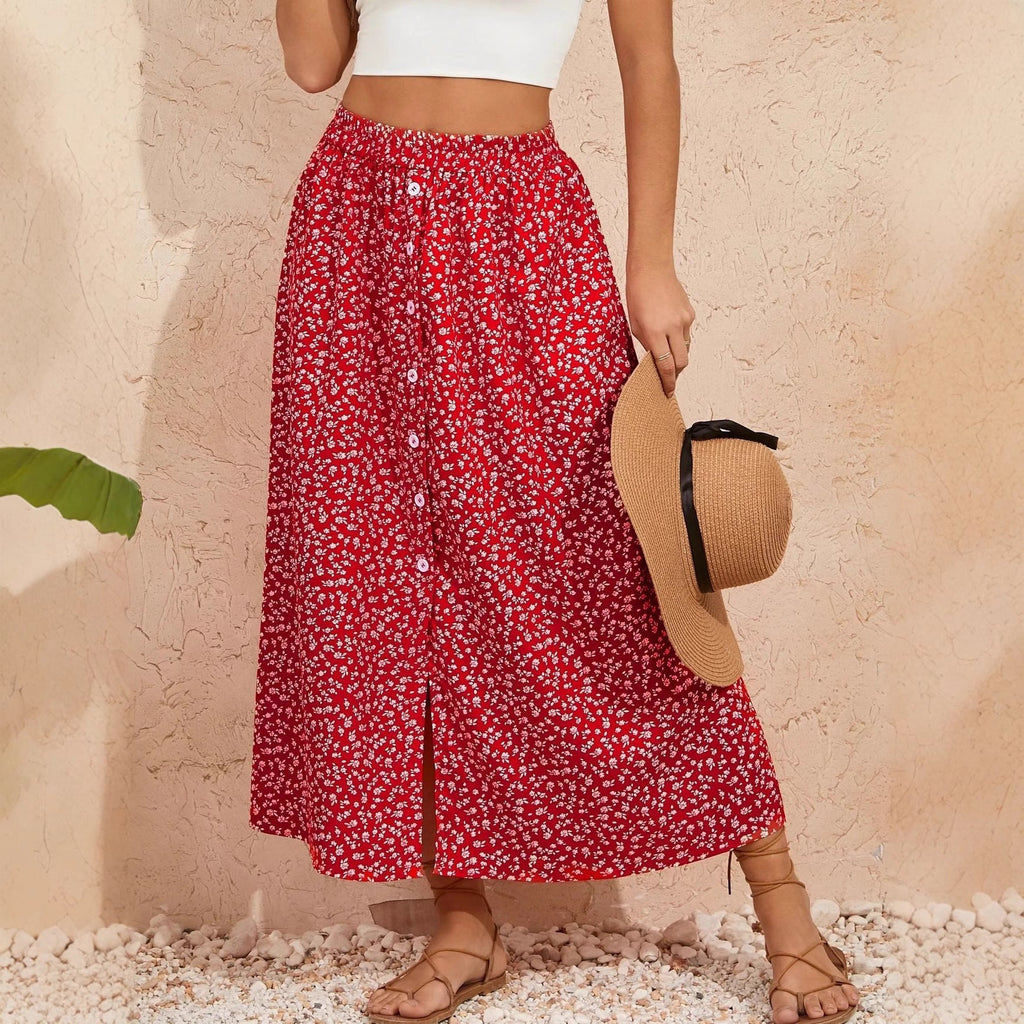 European And American Printed Breasted Self-tie Summer Pastoral A- Line Skirt Advanced Skirt