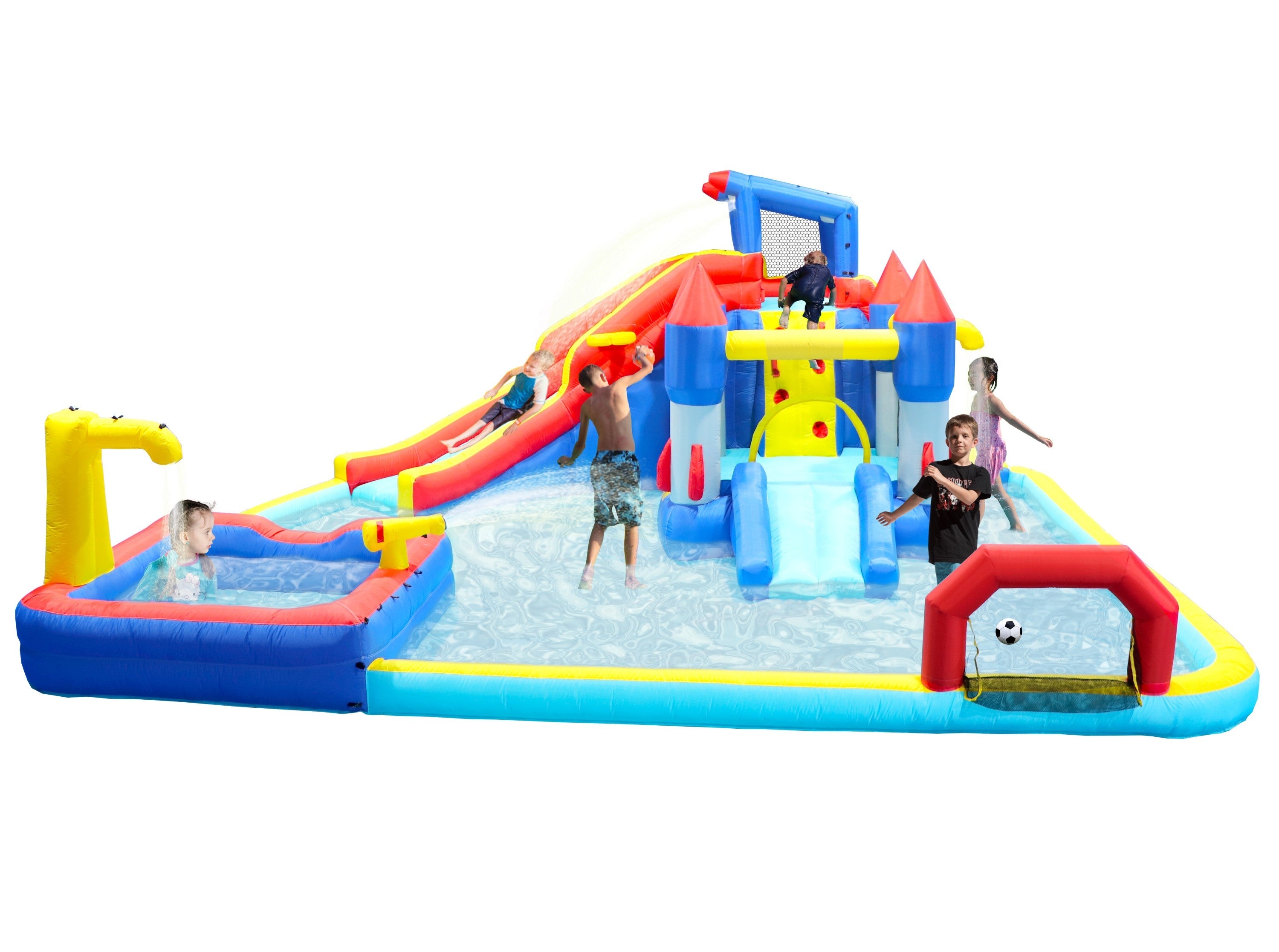 Inflatable 10 in1 slide water park  bouncing house garden with splash pool & water gun & basketball & climbing wall & dual pools & soccer