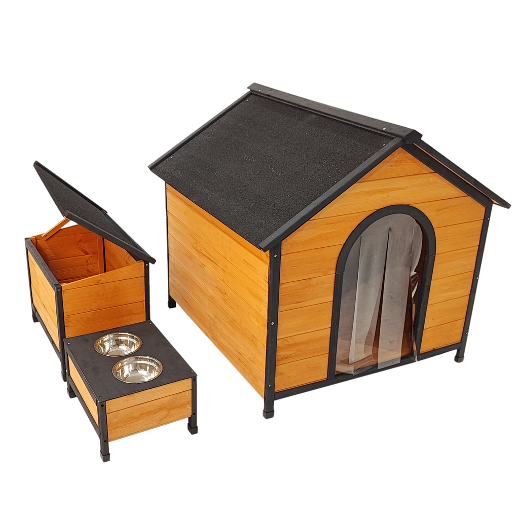 XPT088 Wearable and Strong Wooden Dog House with Metal Bowls and Toy Box, Natural, Solid Wood, 55.12 x 38.98 x 37.00 inches
