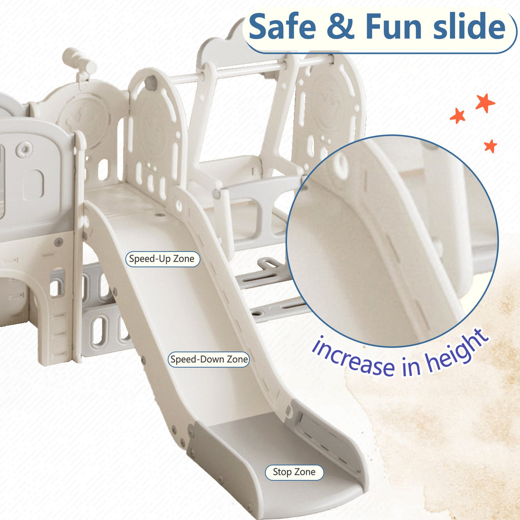 Versatile Toddler Slide with 11-in-1 Activity Center, Grey+Ivory, Polyethylene, 116.54in