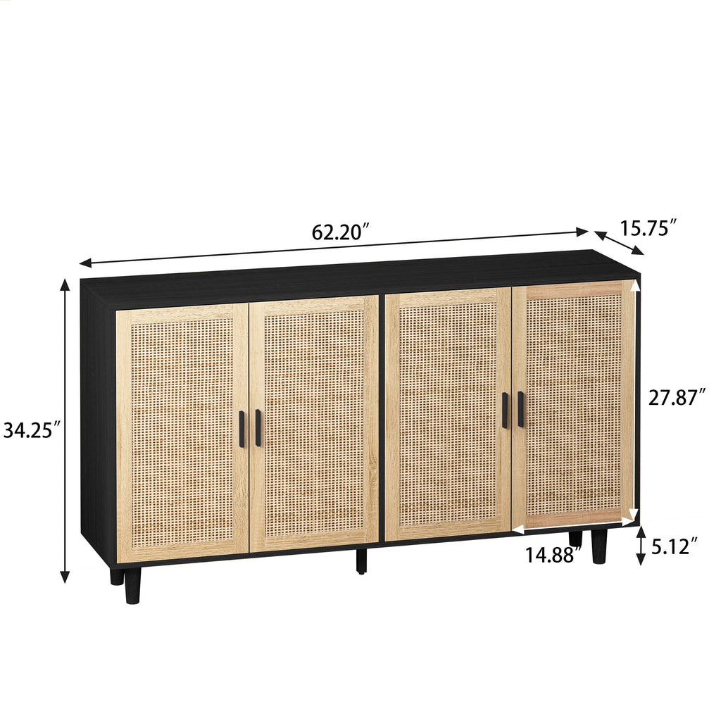 Elegant and Functional 4-Door Rattan Decorative Storage Cabinet for Bedroom, Living Room, Office, Black, Particle Board, 62.20'