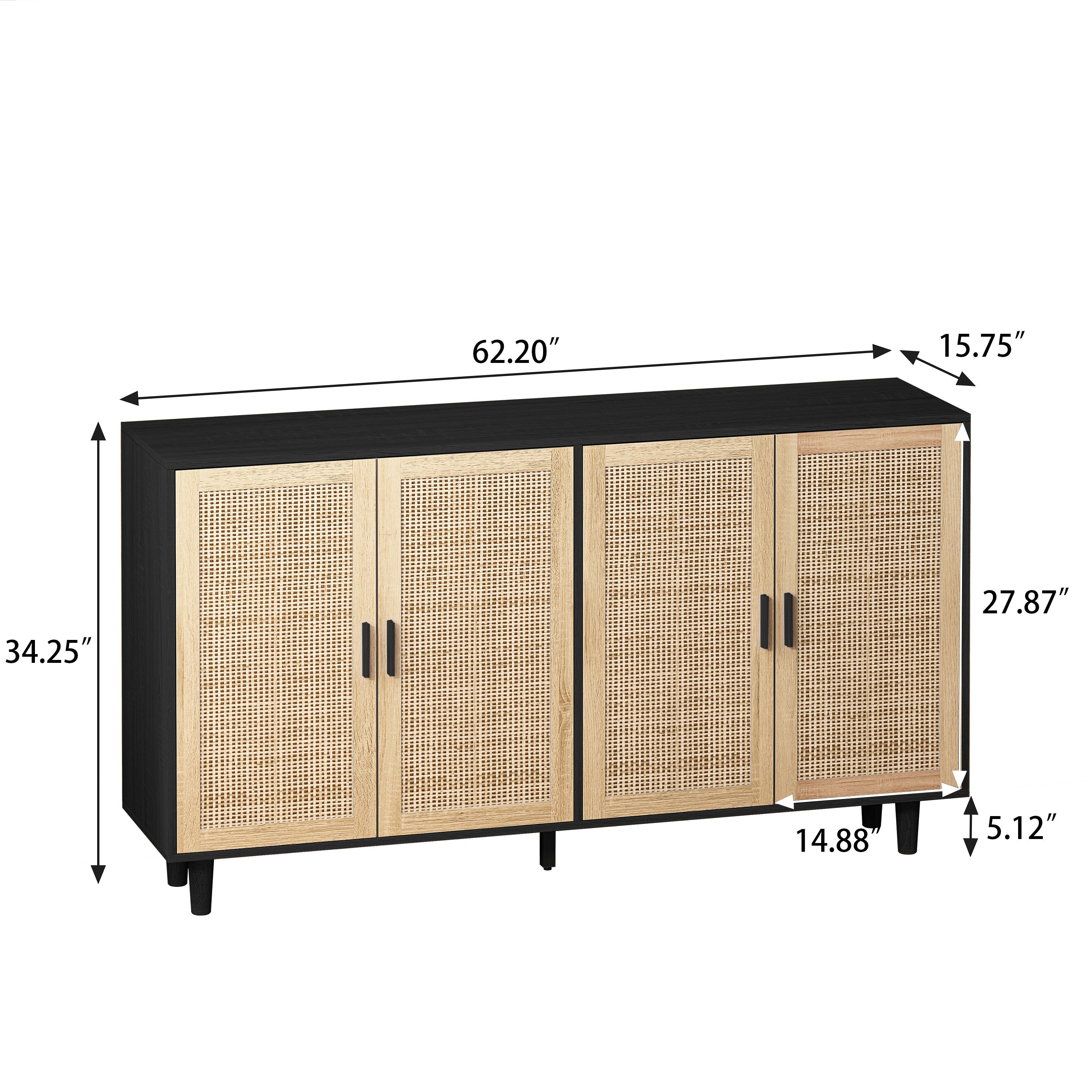 Elegant and Functional 4-Door Rattan Decorative Storage Cabinet for Bedroom, Living Room, Office, Black, Particle Board, 62.20'