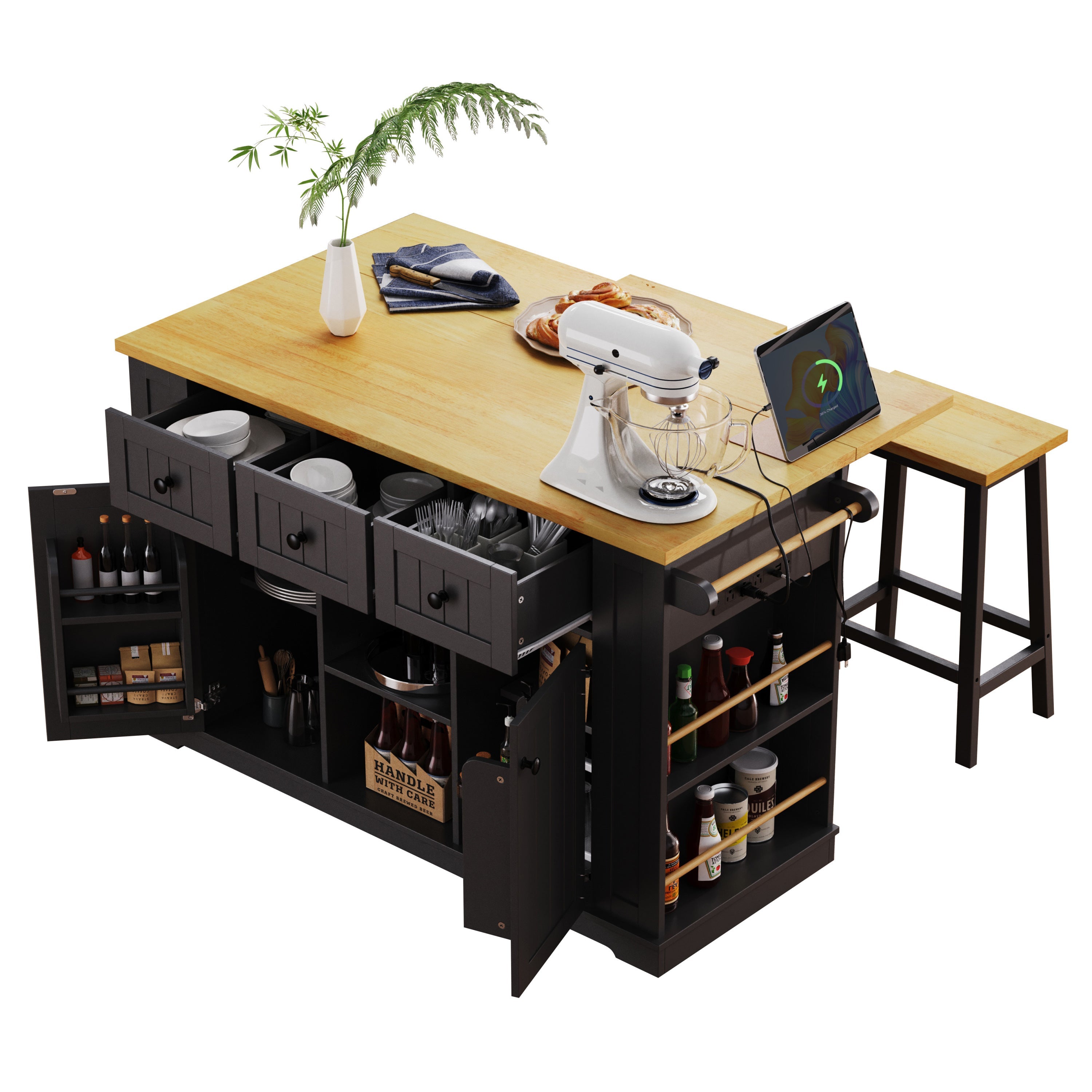 K&K 53inch Large Kitchen Island with 2 Bar Stools, Power Outlet,Door Internal Storage Rack, Kitchen Storage Cart on 5 Wheels with Drop Leaf, 5 Open Side Racks, 3 Drawers, for Kitchen,Dining Room,Black