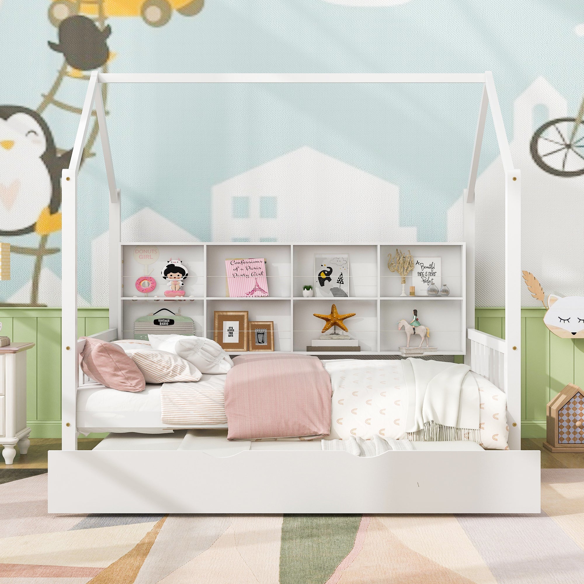 Wooden Full Size House Bed with Trundle,Kids Bed with Shelf, White (Old SKU: WF297070AAK)