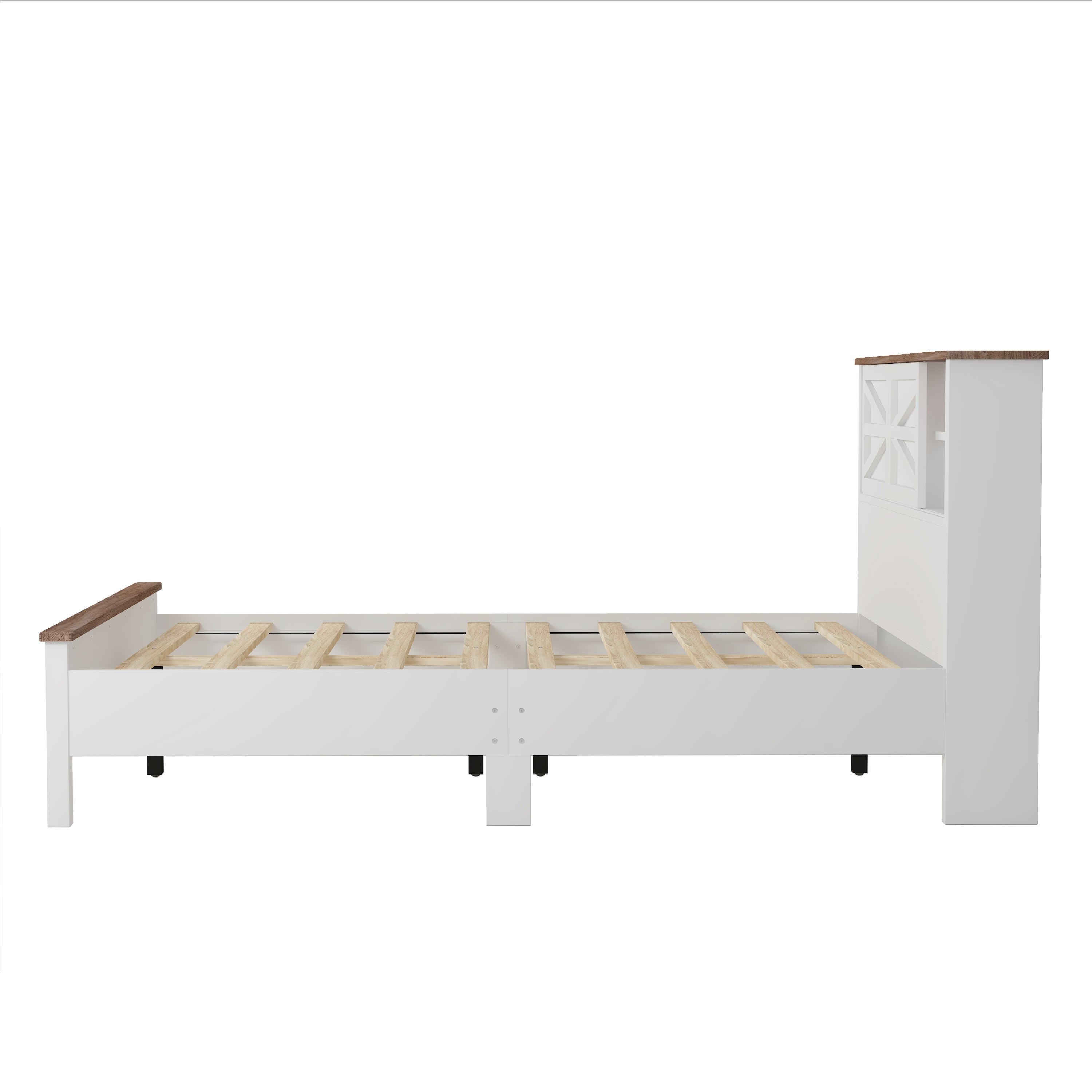 3-Pieces Bedroom Sets Full Size Farmhouse Platform Bed with Double Sliding Door Storage Headboard and Charging Station, Storage Nightstand and Dresser, White+Brown(Old SKU HL000091AAK)