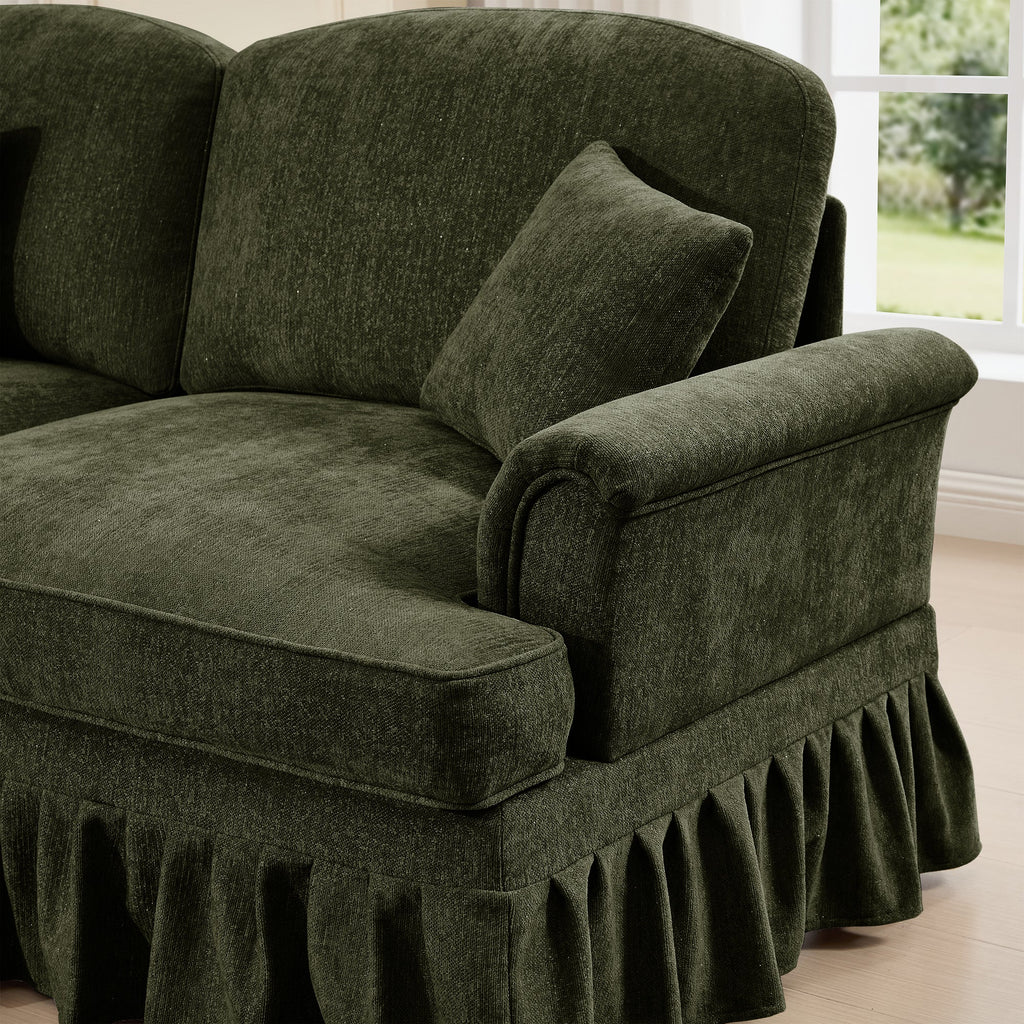Classic 2 Piece Modular Couch Living Room Sofa Set with Flared Arms and Removable Ruffles Pleats Skirts and Spindle Legs, 3 Seater Sofa + 2-Seat Loveseat Sofa Sets for Living Room,Green
