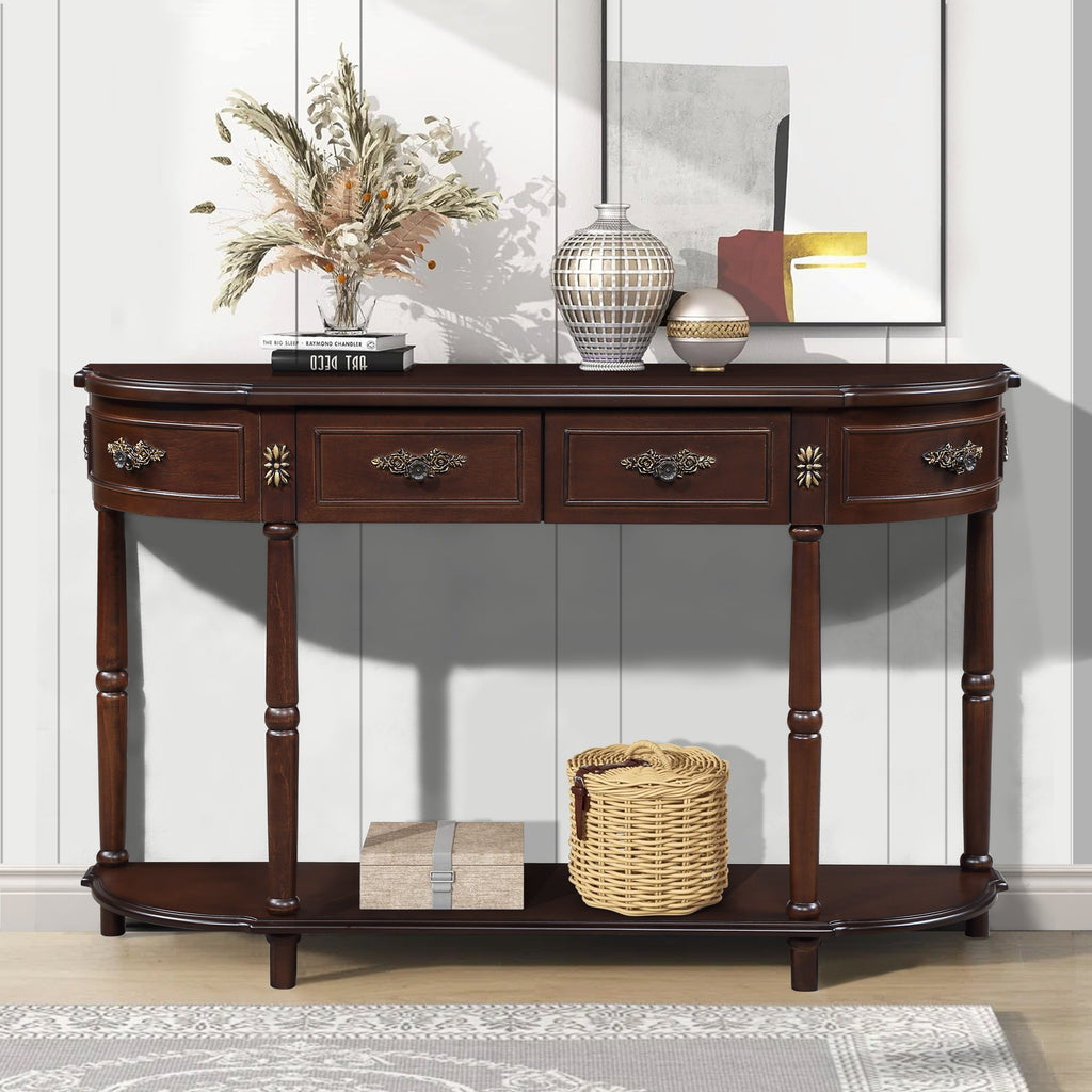 Retro Curved Wood Console Table, 52 inch Circular Half Moon Sofa Table with Open Shelf and 2 Drawers, Solid Wood Entry Table for Living Room, Hallway, Espresso