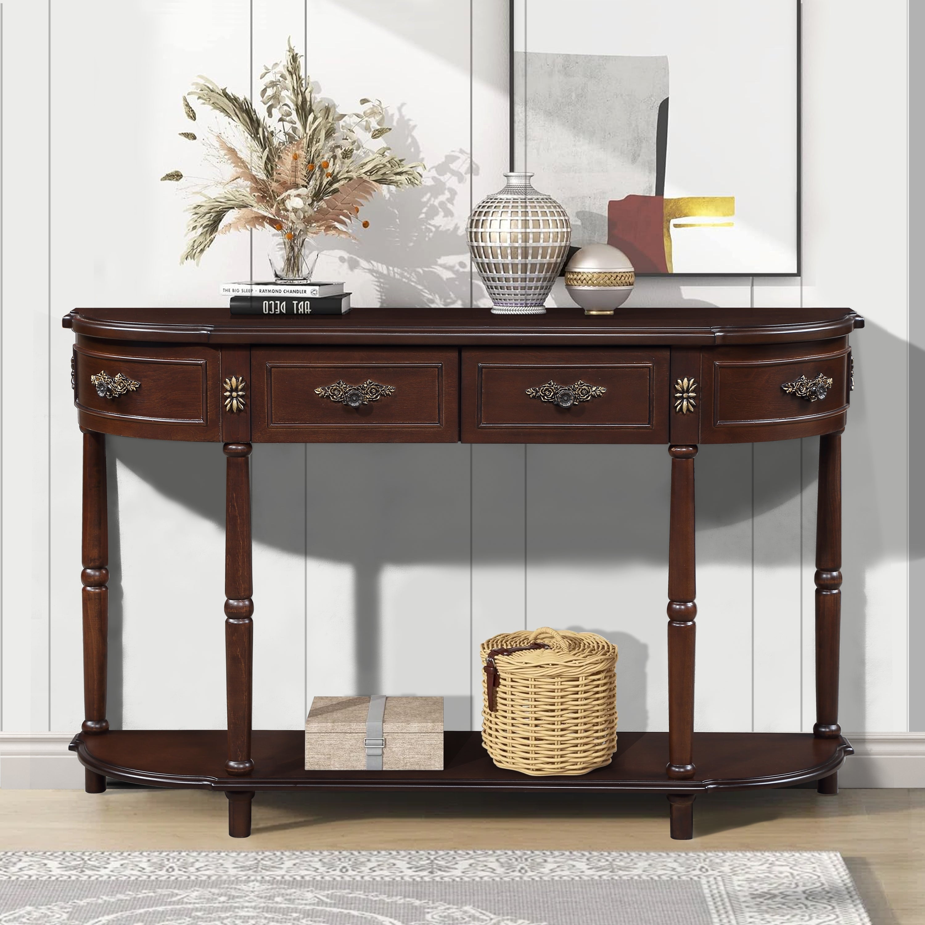 Retro Curved Wood Console Table, 52 inch Circular Half Moon Sofa Table with Open Shelf and 2 Drawers, Solid Wood Entry Table for Living Room, Hallway, Espresso