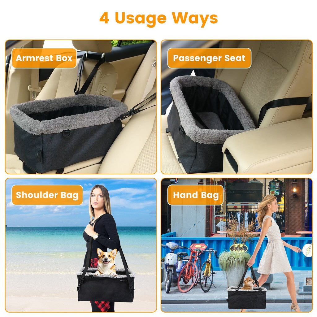 Small Dog Car Seat with Harness Center Console Pet Booster Seat Travel Car Seat with Side Pocket Cotton Velvet Cushion for Dogs Cats Up to 9LBS