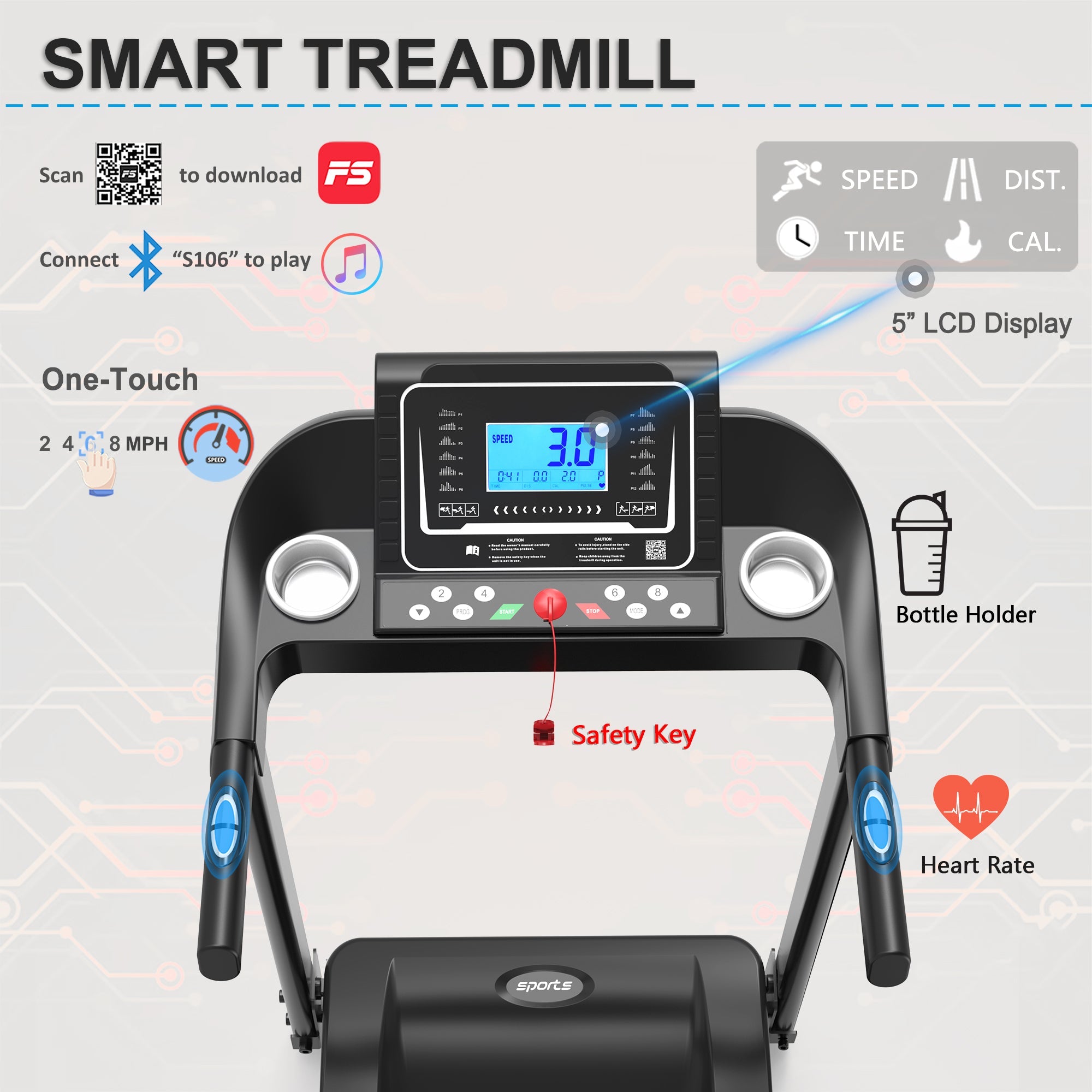 Fitshow App Home Foldable Treadmill with Incline, Folding Treadmill for Home Workout, Electric Walking Running Treadmill Machine 5' LCD Screen 250 LB Capacity Bluetooth Music