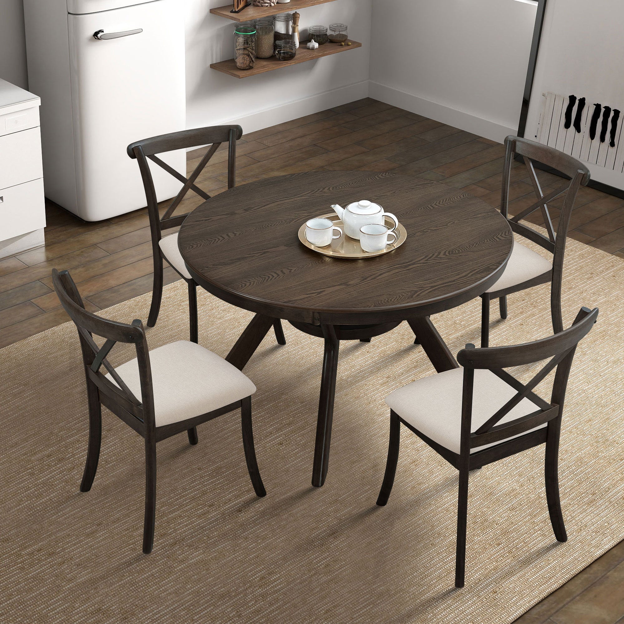 Wooden X Back Dining Chairs Set of 2, Modern Fabric Upholstered Kitchen Side 2PC Chairs, Cross Back Rubber Wood Farmhouse Dining Room Chair,Brown