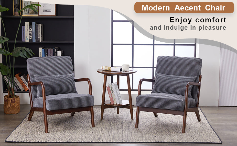 Mid-Century Modern Accent Chair with Pillow Upholstered in Antique Dark Grey Polyester and Solid Wood Frame(Antique Dark Grey)