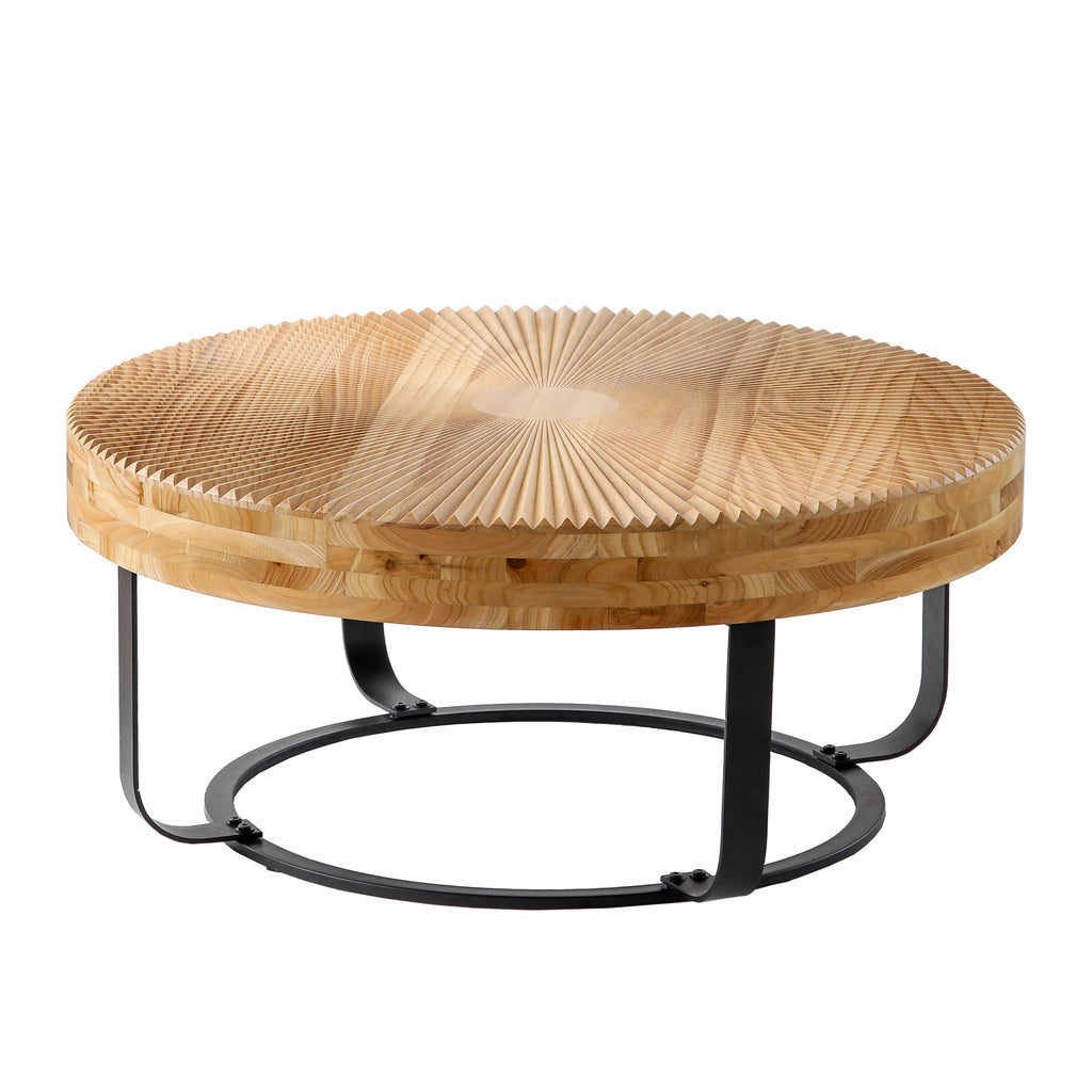 Modern Round Coffee Table Wooden Carving Pattern Coffee Table with Metal Legs for Living Room Reception Room Office ,Black