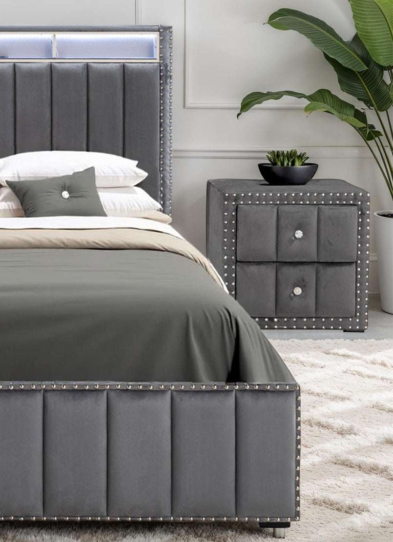 Contemporary 3pc Bedroom Set Queen Size Bed 2x Nightstands Bedroom Furniture Dark Gray Fabric Upholstered Bedframe w LED Nailhead Trim
