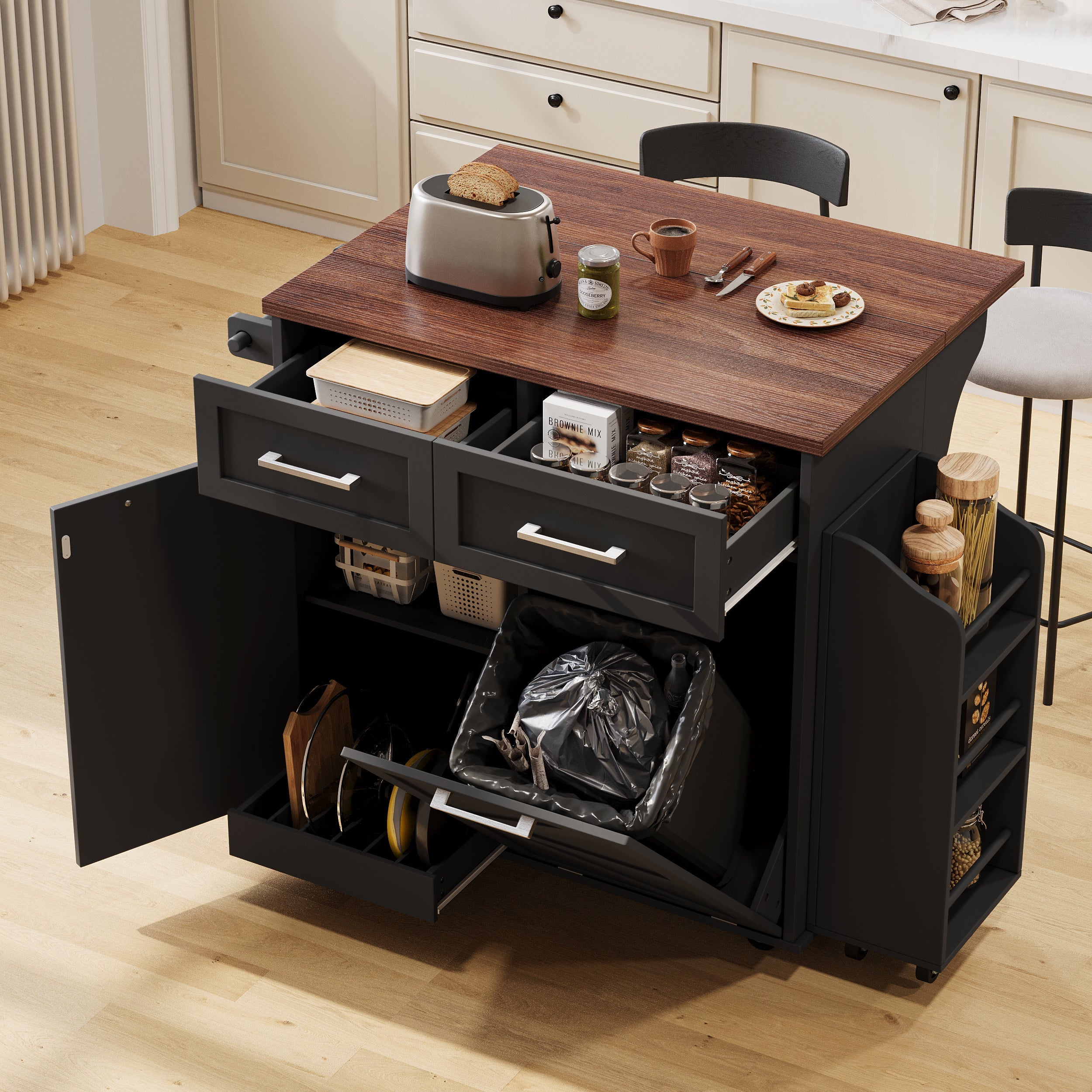 K&K 47.2' Farmhouse Kitchen Island with Drop Leaf, Kitchen Storage Island with Removable Side Racks, Two Drawers, Rolling Kitchen Cart on Wheels with Towel Rack, for Home, Kitchen, Dining Room, Black
