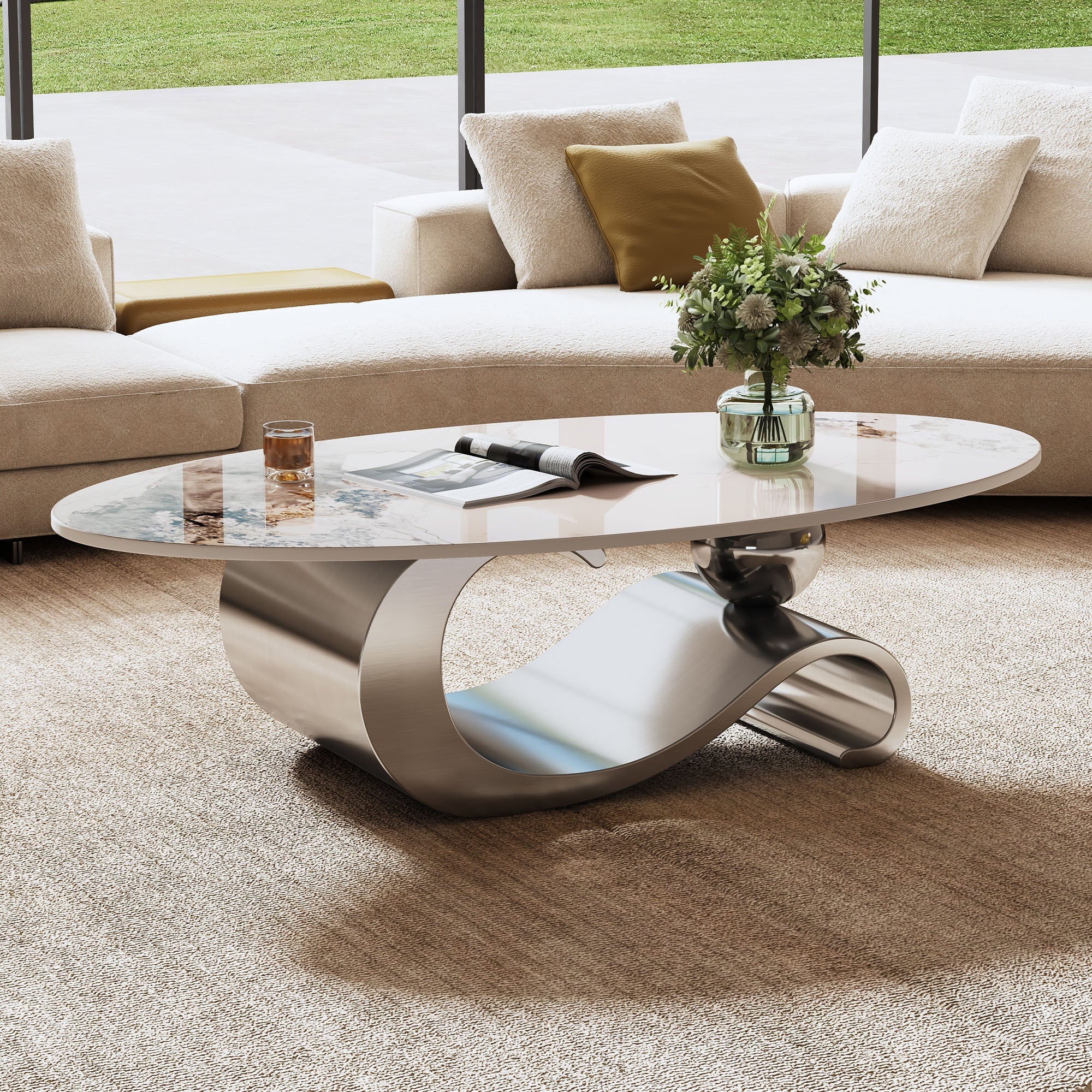49.2' Faux Marble Oval Coffee Table, Contemporary Gray Stainless Steel Base, Modern Center Table for Living Room