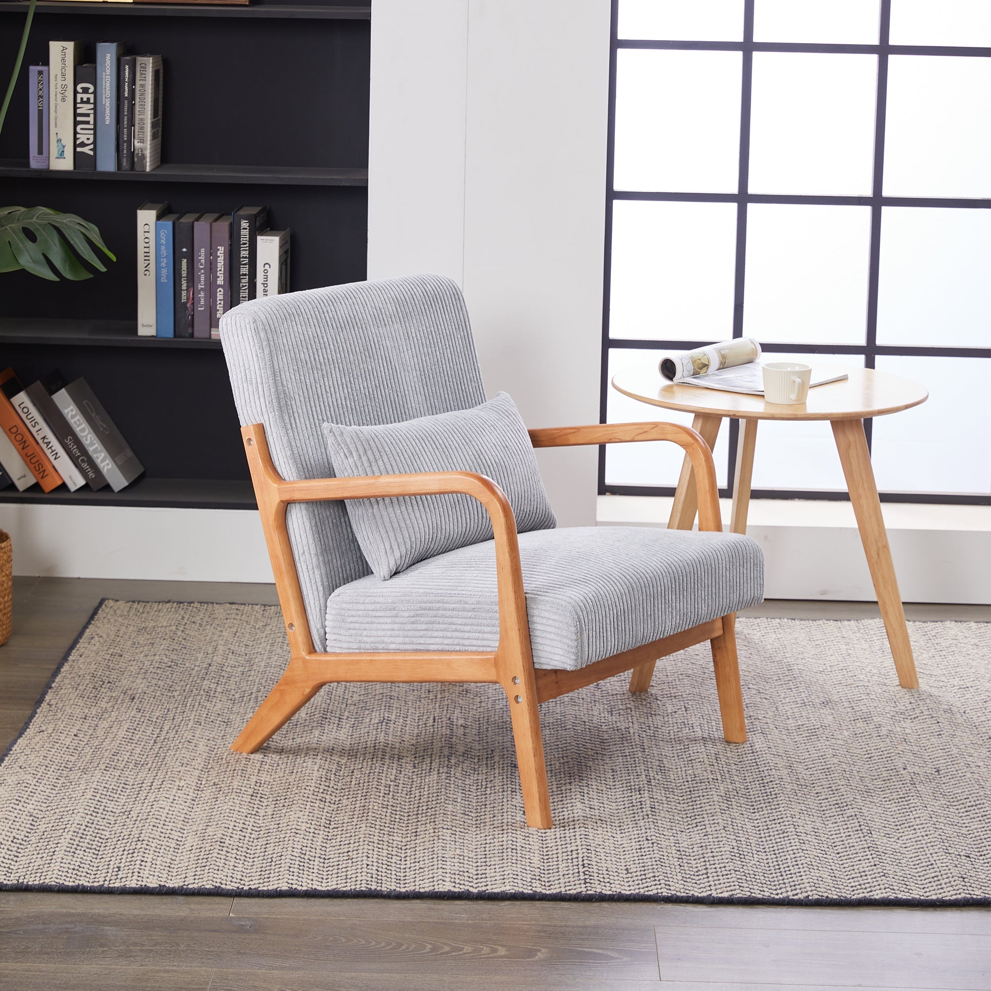 Mid-Century Modern Accent Chair with Pillow, Upholstered Arm Chair in Antique Dark Grey, Solid Wood Frame(Antique Dark Grey)