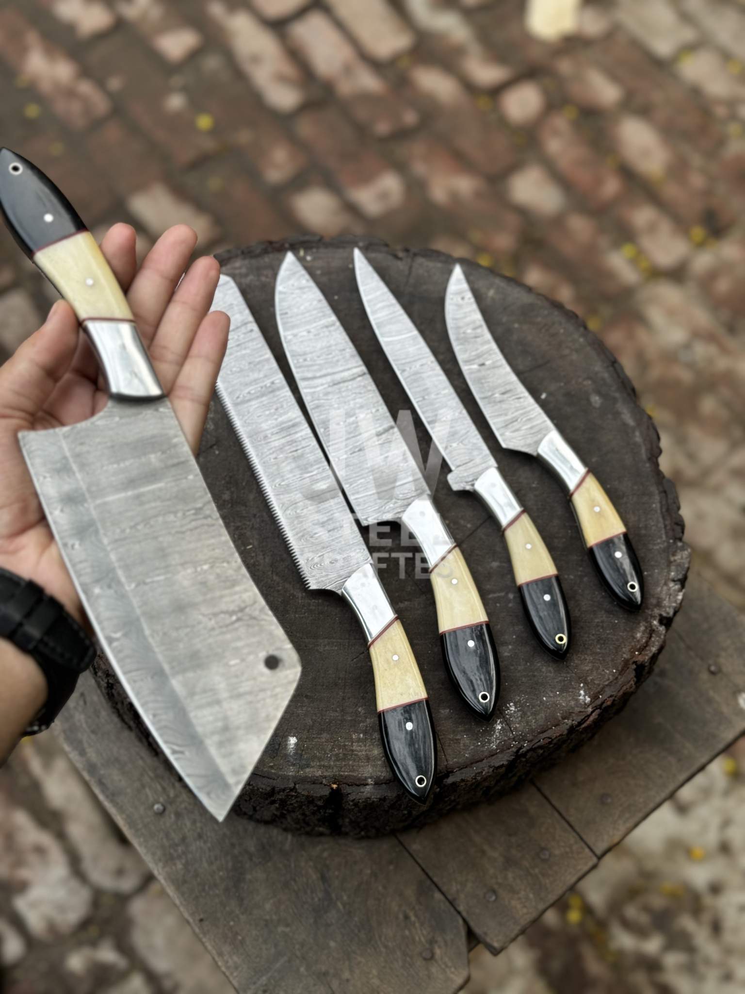 Damascus Chef Knife Set – 5-Piece Camel Bone & Black Micarta Handle Collection